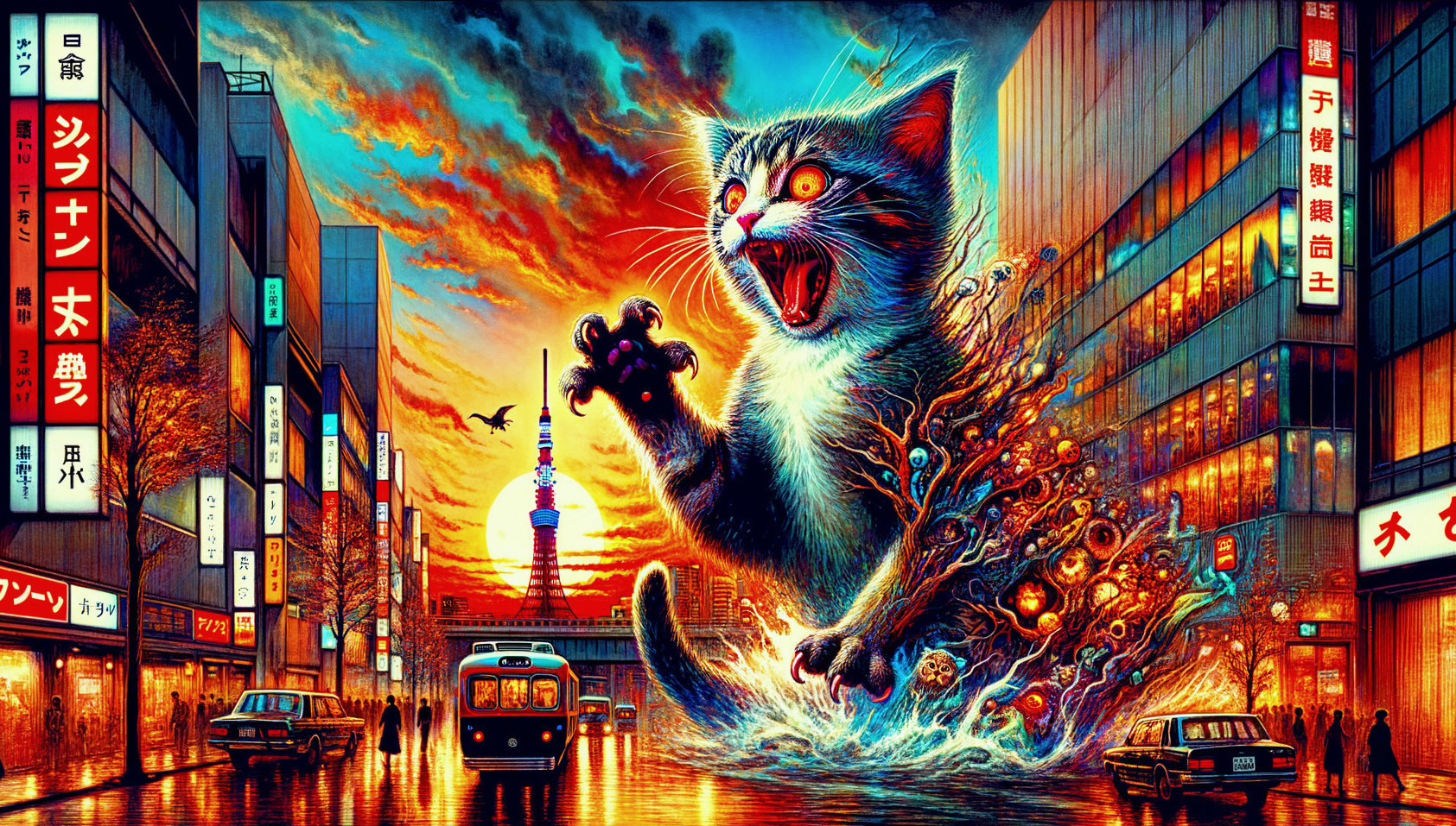 Colossal Cat Roars in Colorful Cityscape at Sunset