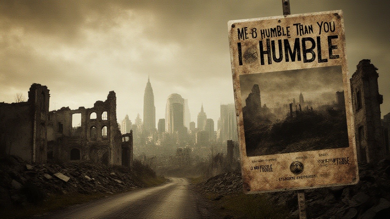 Weathered Poster in a Desolate Landscape with Ruins