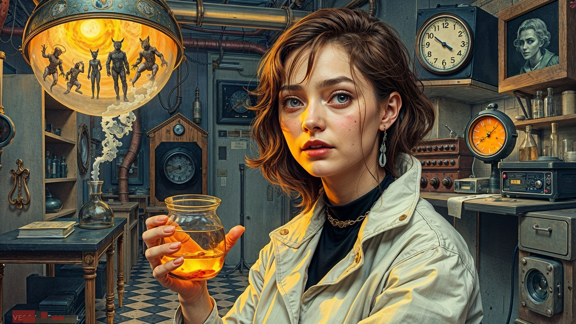 Vintage Laboratory with Glowing Liquid and Gadgets