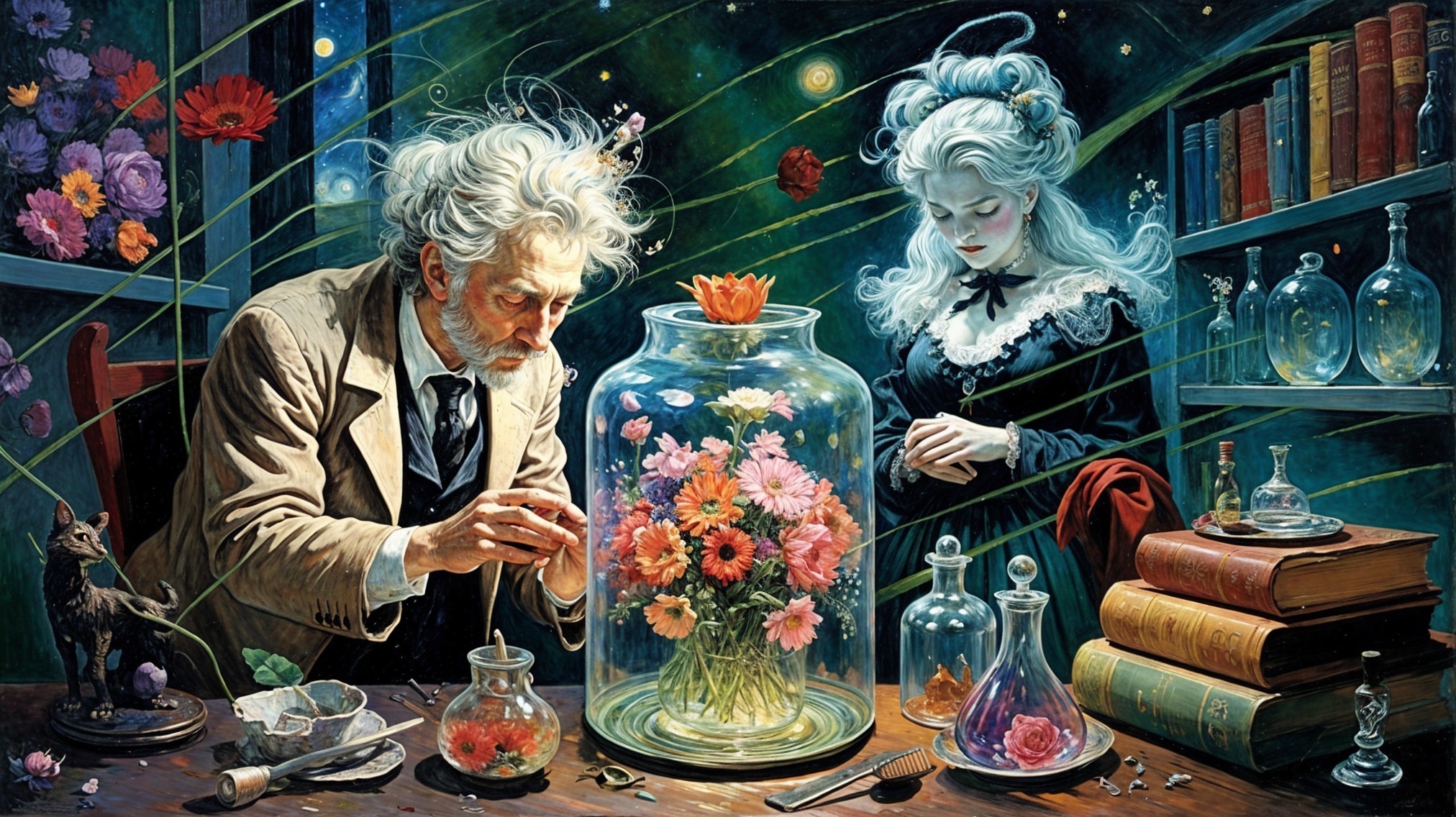 Elderly Man Arranging Flowers in Mystical Workshop