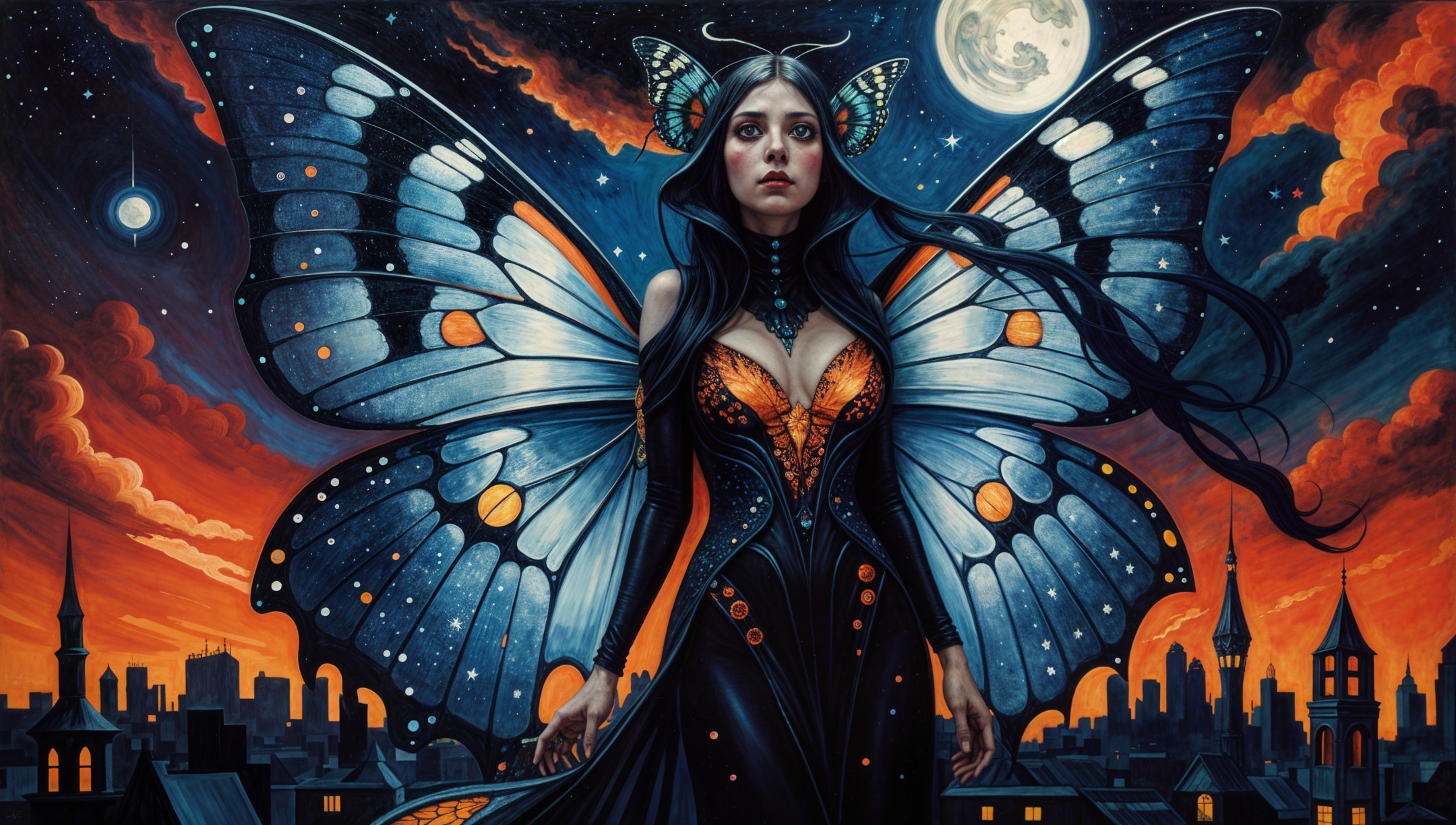 Mystical Figure with Butterfly Wings at Sunset Cityscape