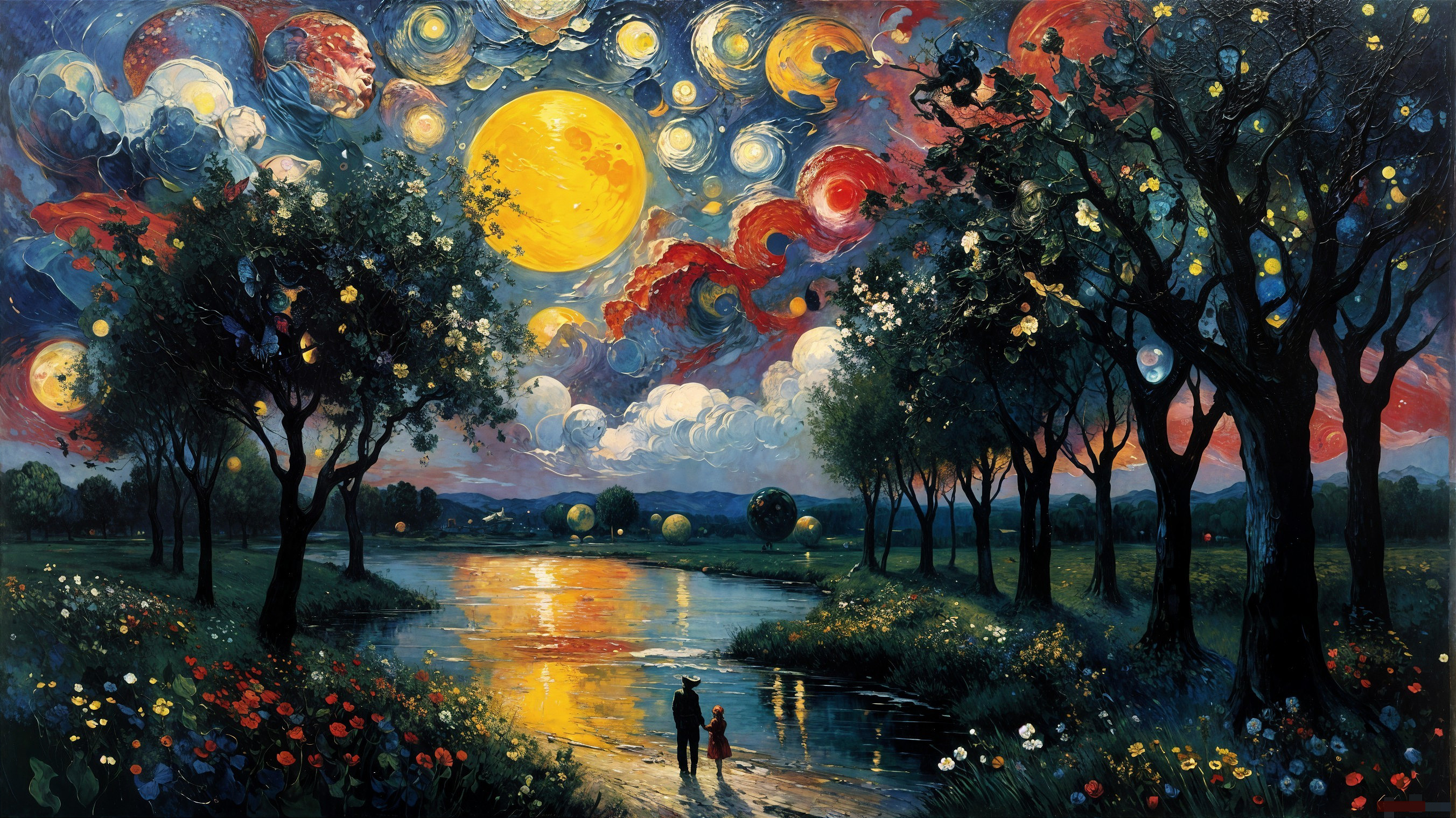 Vibrant Dreamlike Landscape with River and Celestial Sky