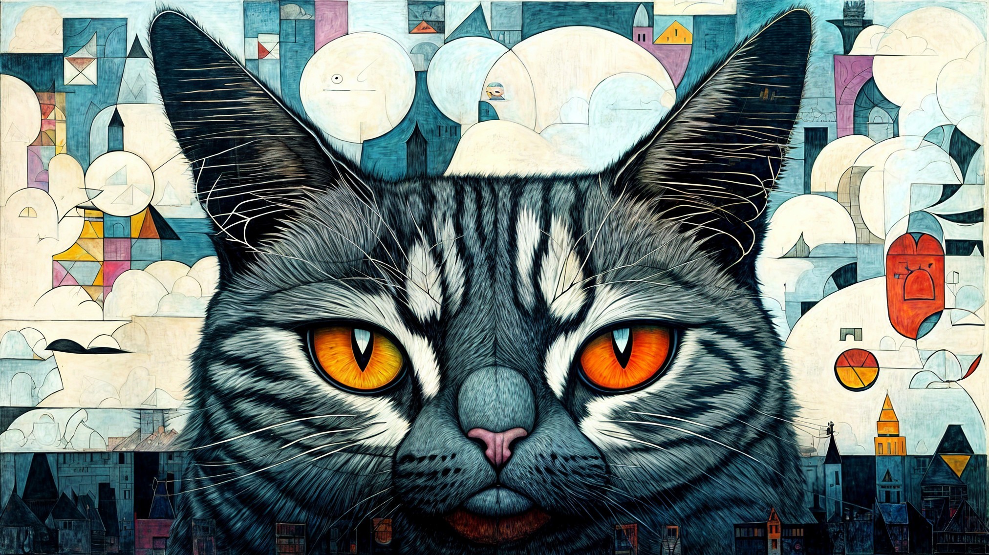 Stylized Cat with Orange Eyes and Abstract Background
