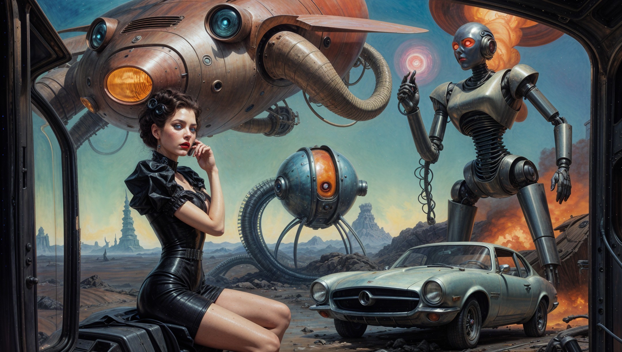 Futuristic Scene with Woman, Robots, and Spacecraft