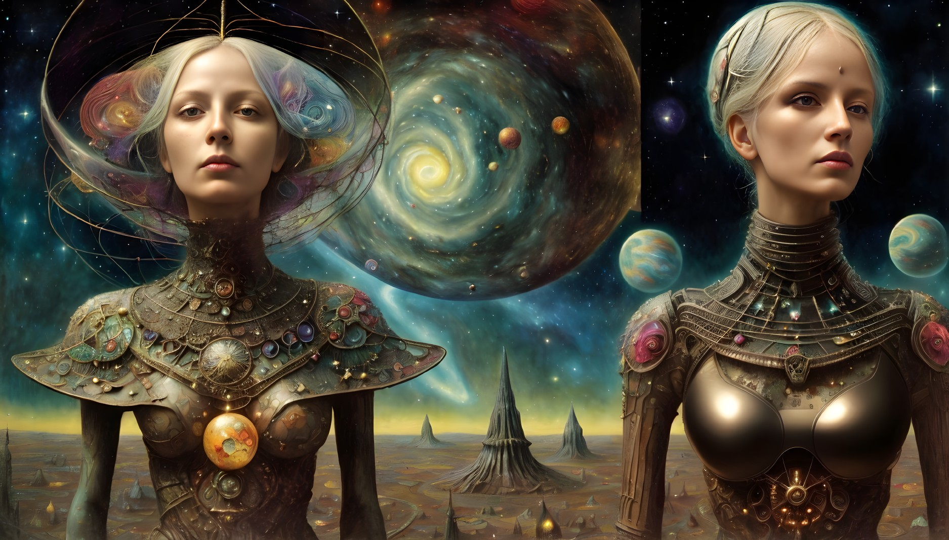 Surreal futuristic female figures in cosmic attire against space backdrop