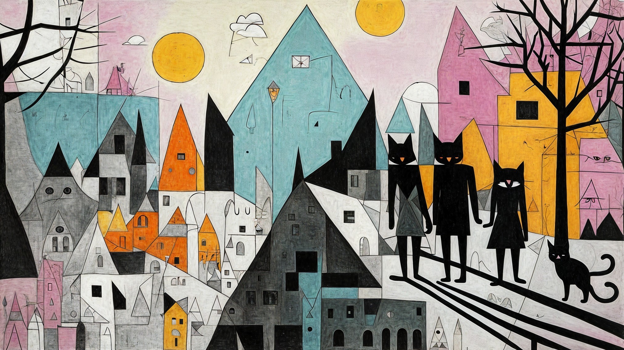 Whimsical Abstract Landscape with Colorful Houses