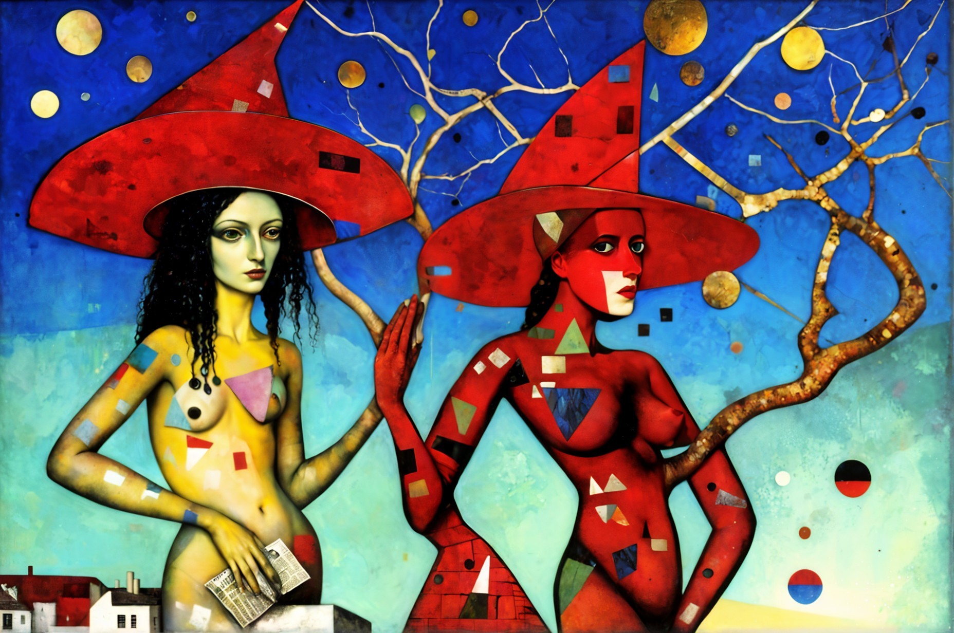 Surreal Figures with Colorful Hats Against Blue Background
