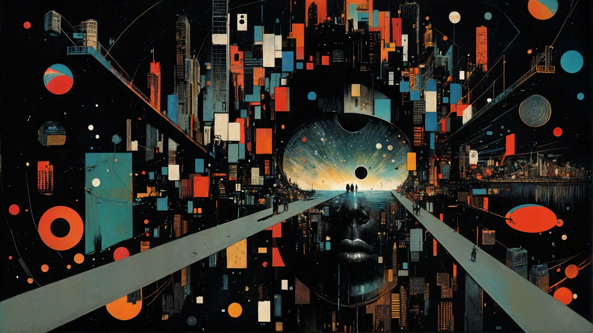 Abstract Cityscape with Surreal Human Face Elements