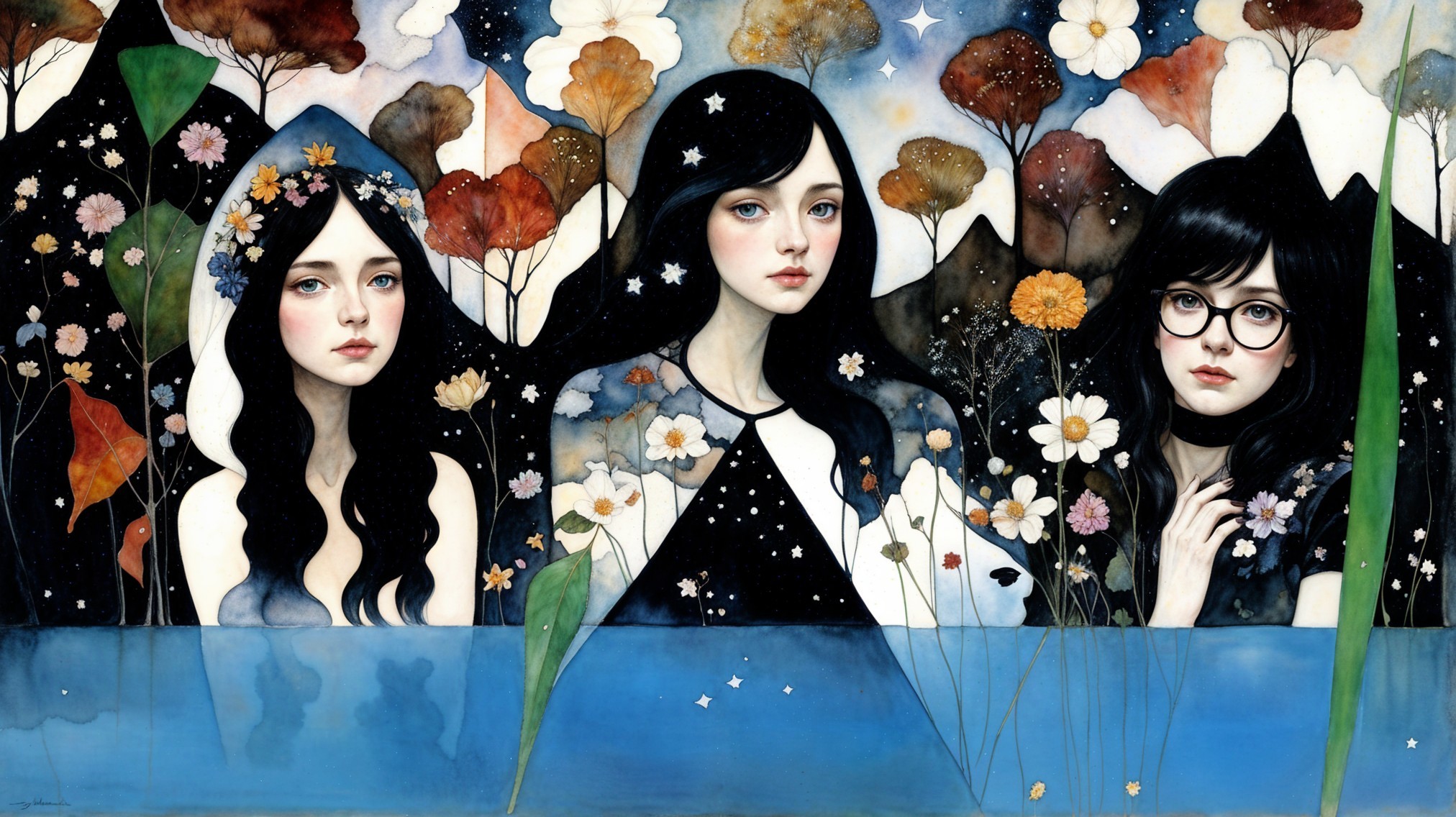 Three Ethereal Women in a Dreamlike Floral Landscape