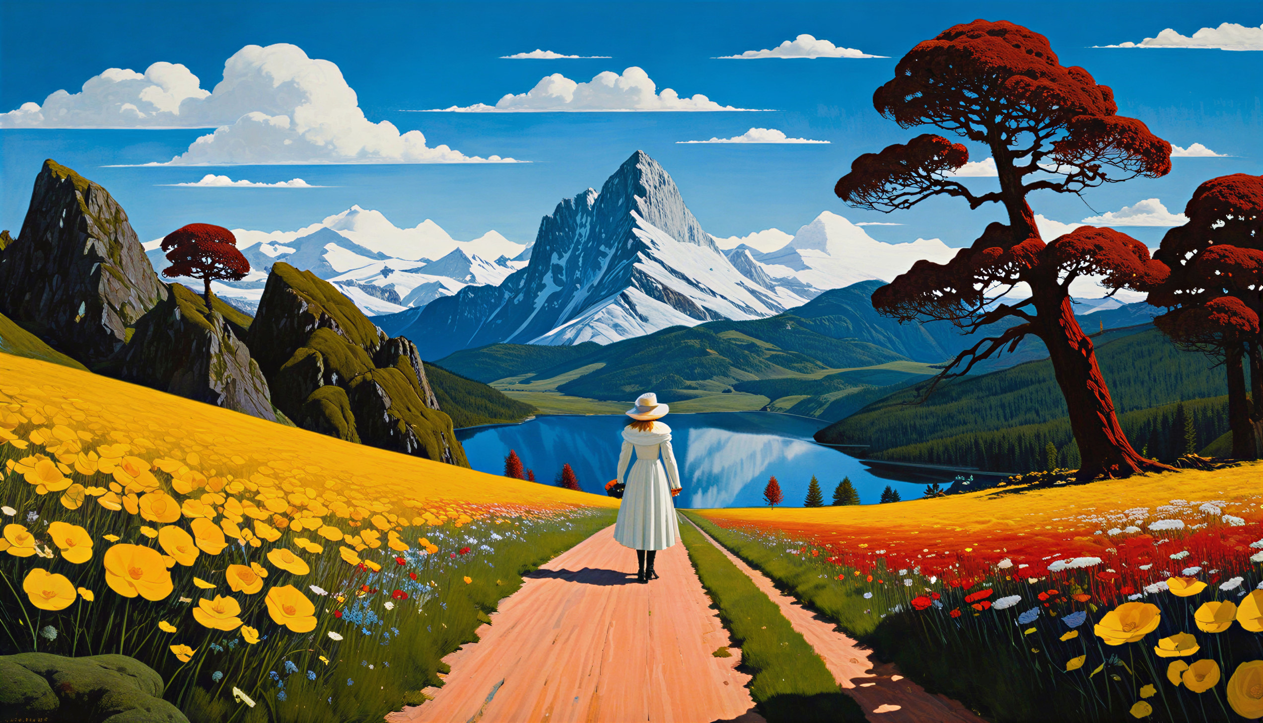 Vibrant Landscape with Woman in White Dress and Flowers