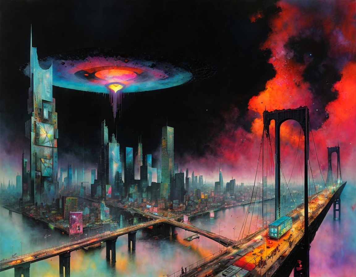 Neon-lit futuristic cityscape with floating structure and colorful clouds