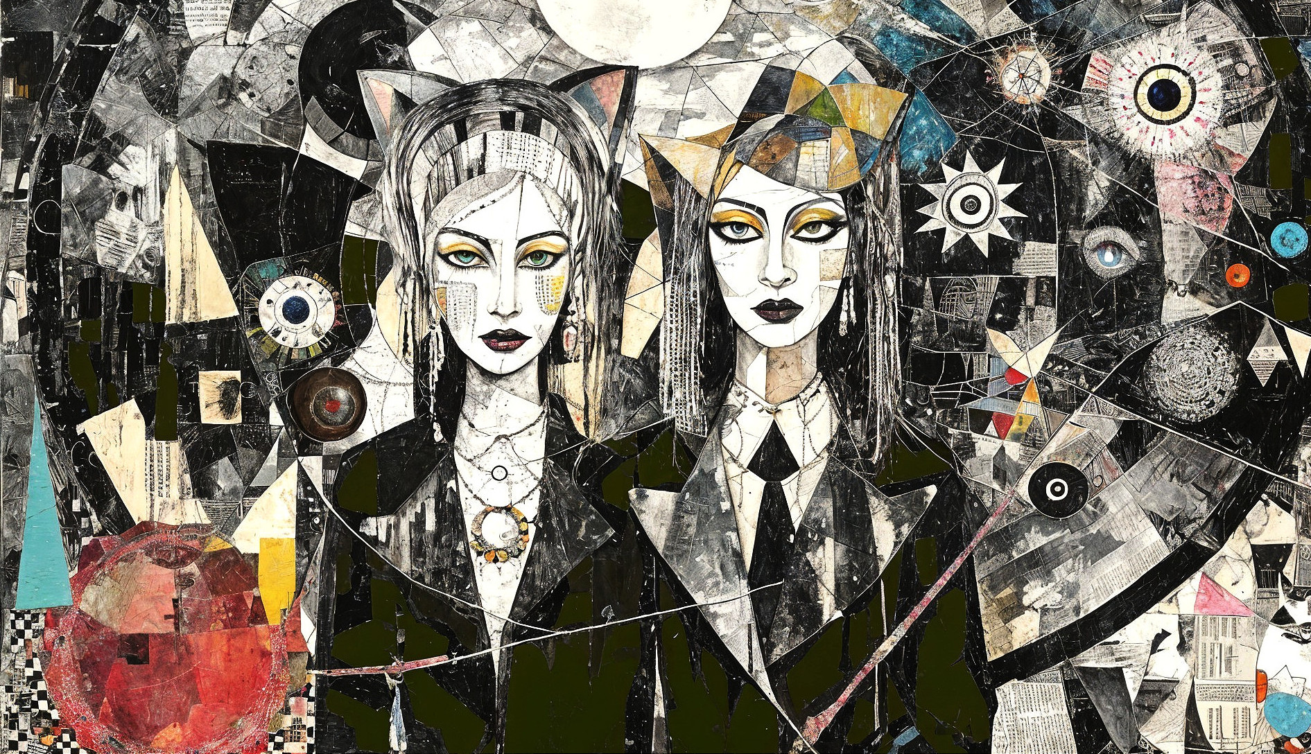 Feline Figures in Suits Against Abstract Background