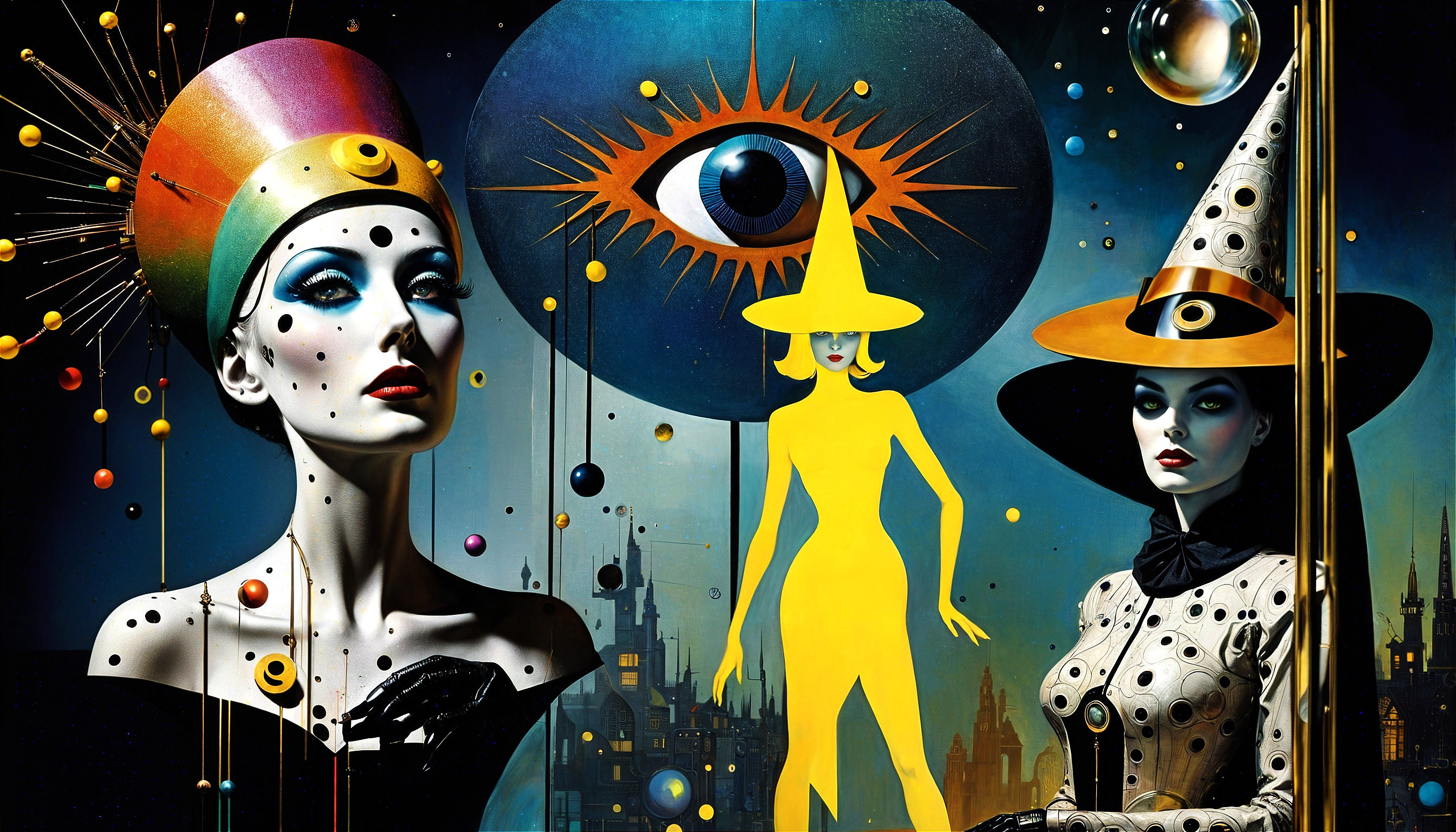 Stylized Figures in Whimsical Attire with Abstract Background