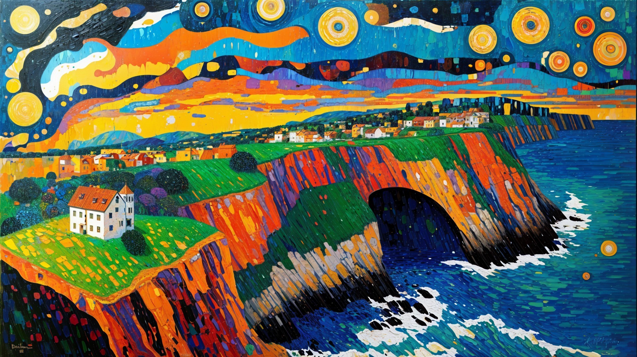 Vibrant Cliffside Landscape with Colorful Village and Ocean