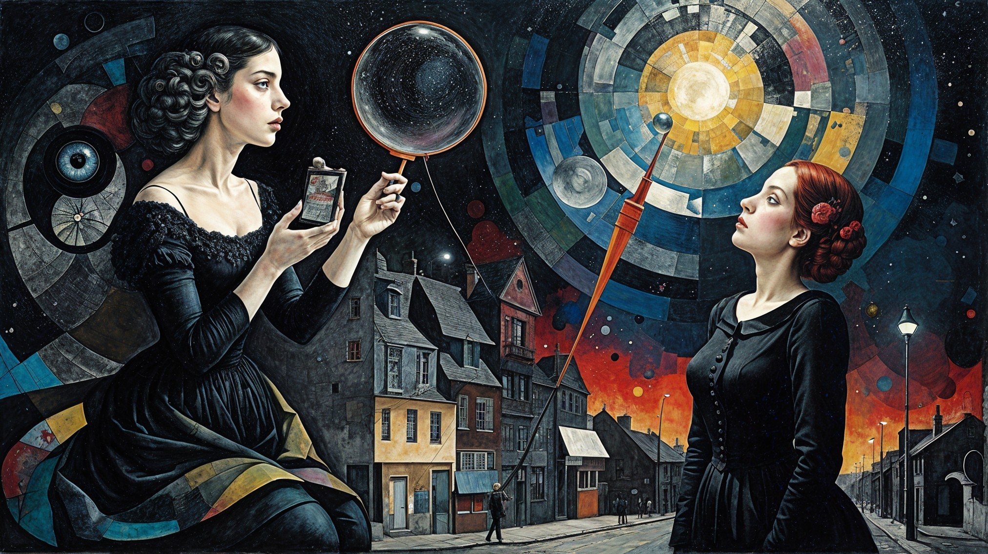 Surreal Scene of Women in Black Dresses and Cosmic Orb