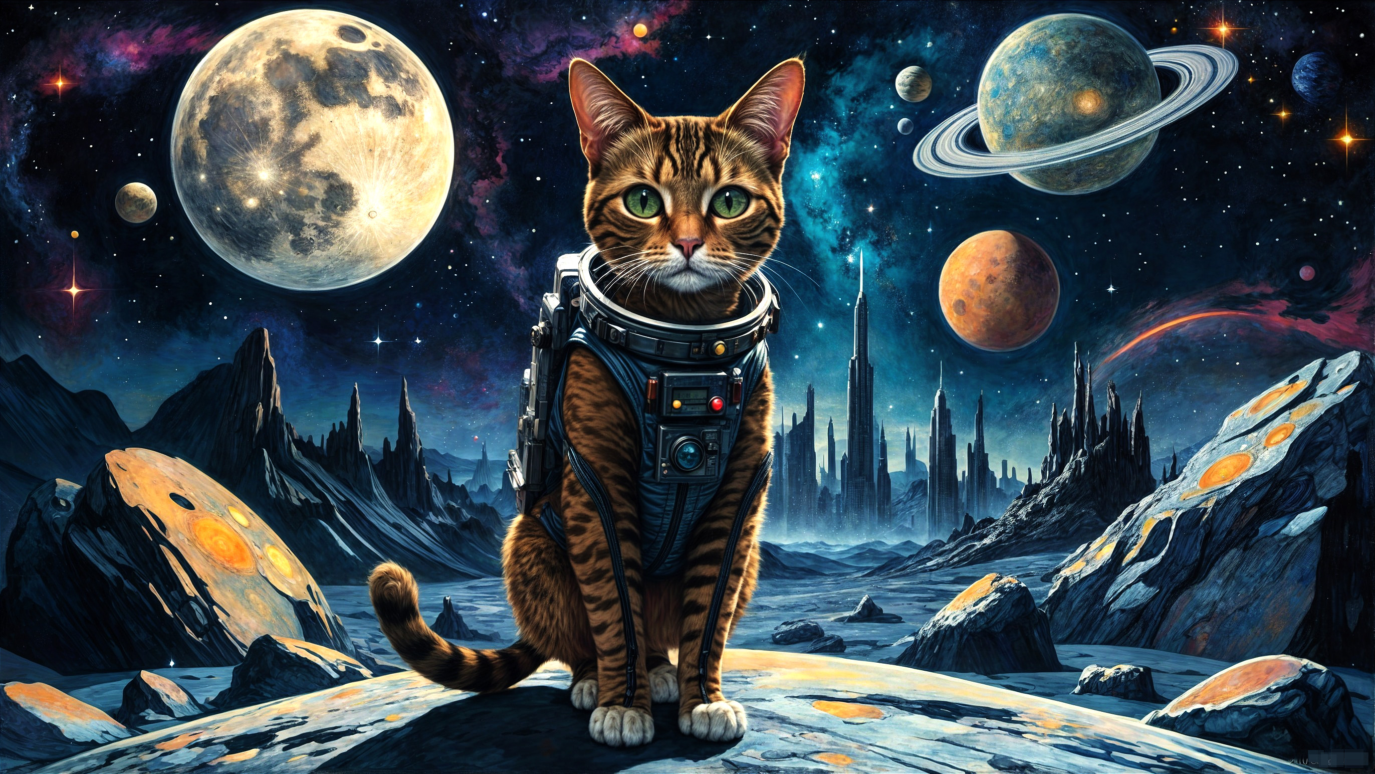 Bengal Cat in Space Suit on Lunar Landscape
