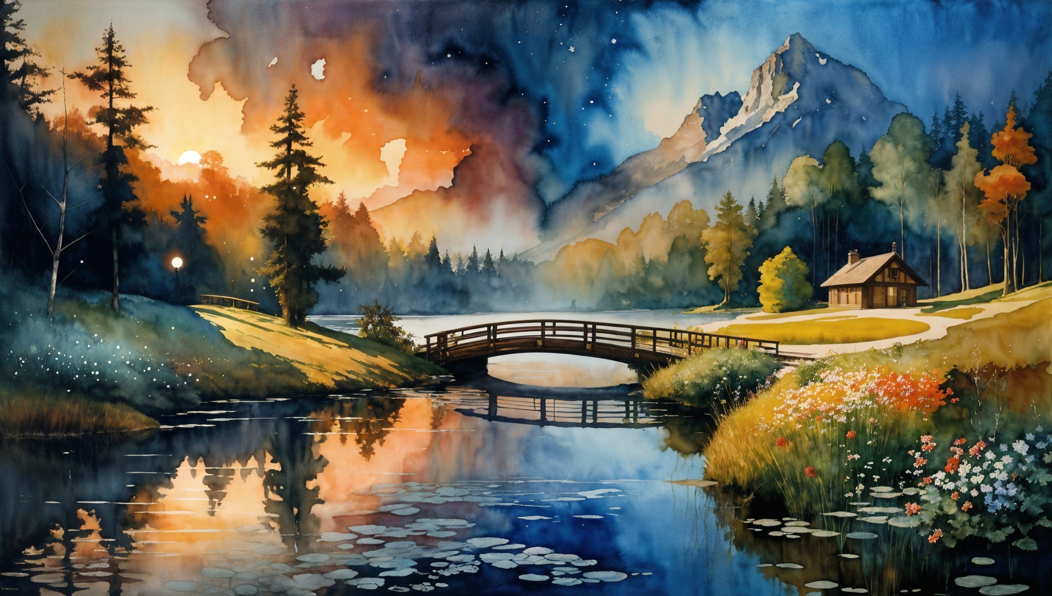 Tranquil Lake at Sunset with Mountains and Cabin