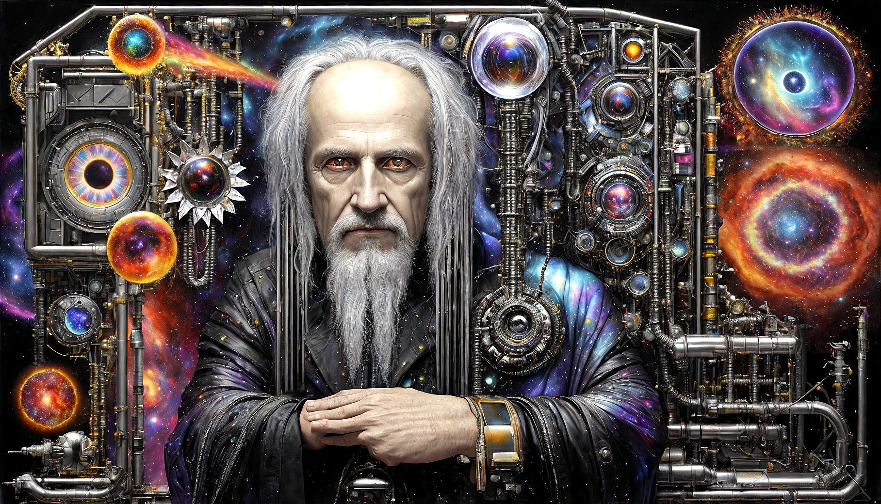 Futuristic Portrait of a Man with Gray Hair and Machinery