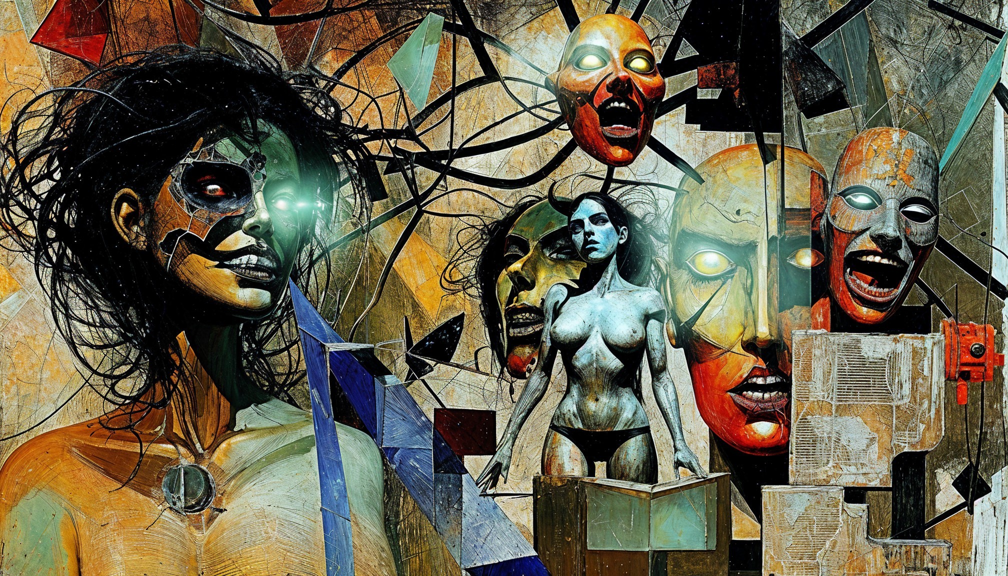 Surreal Collage with Central Woman and Chaotic Background