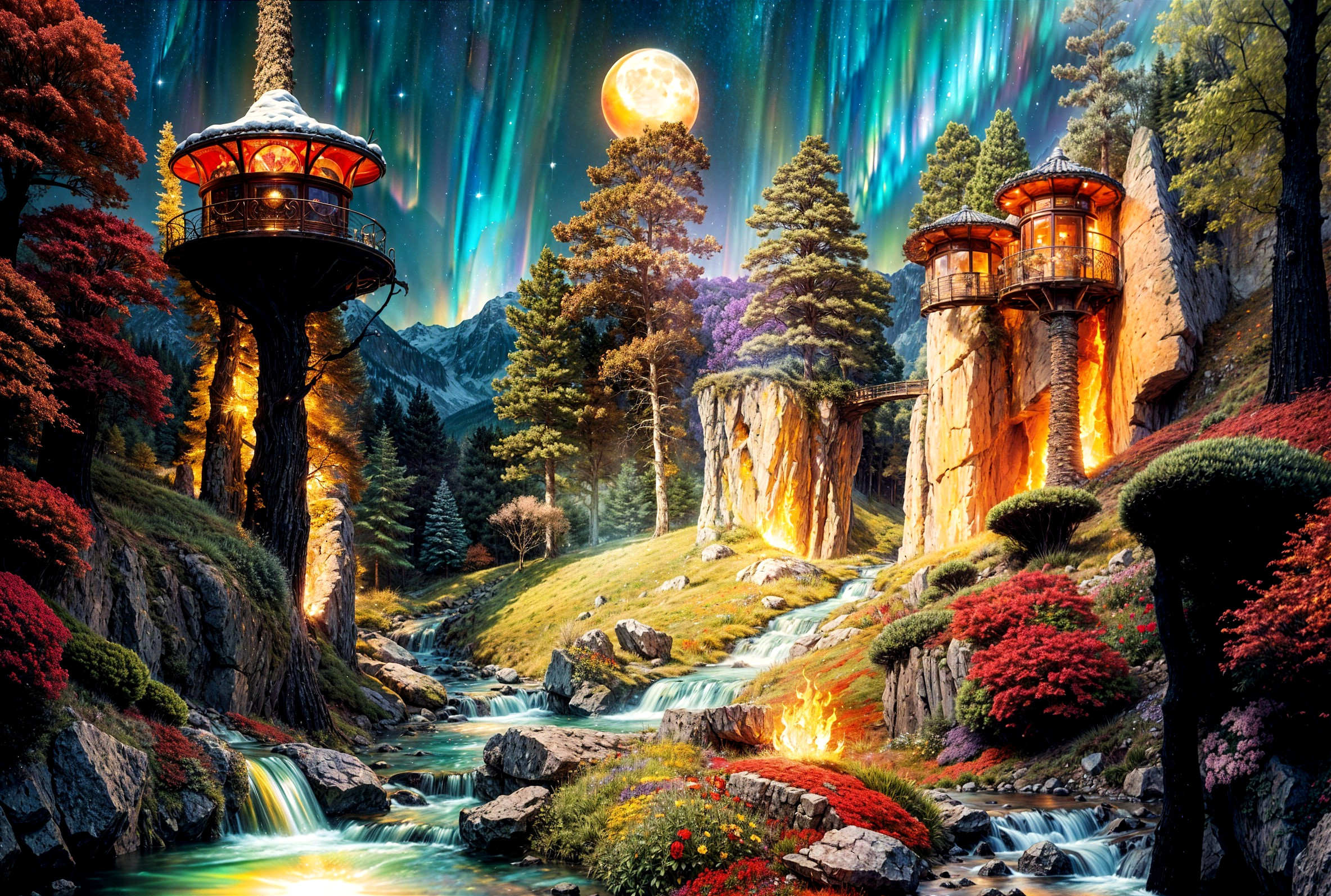 Enchanted Landscape with Treehouses and Northern Lights