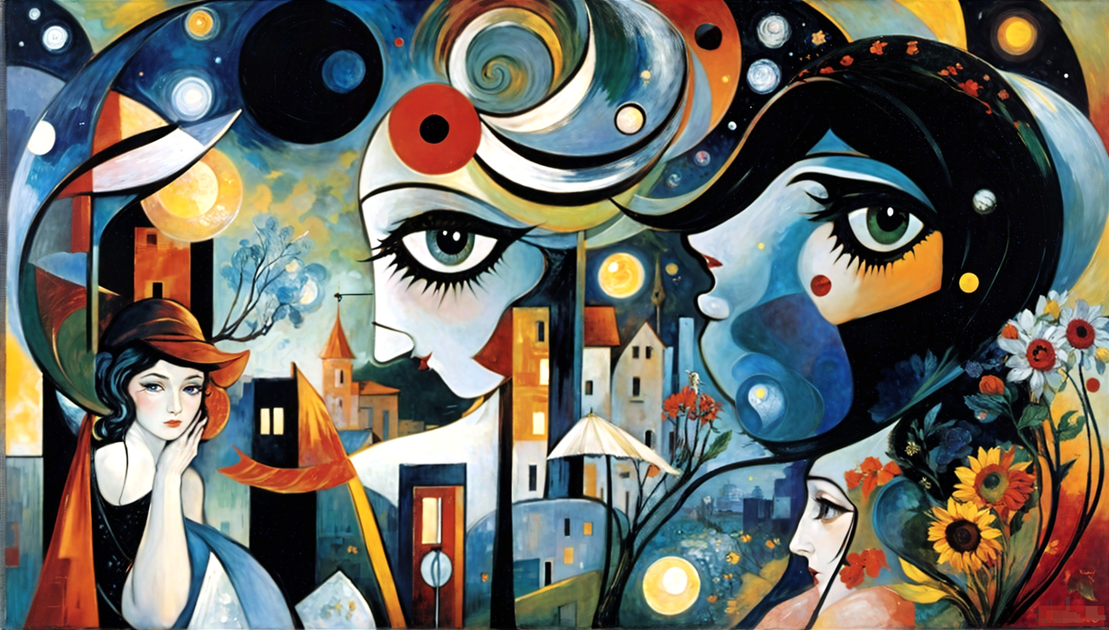 Vibrant Surreal Artwork with Two Faces and Abstract Designs