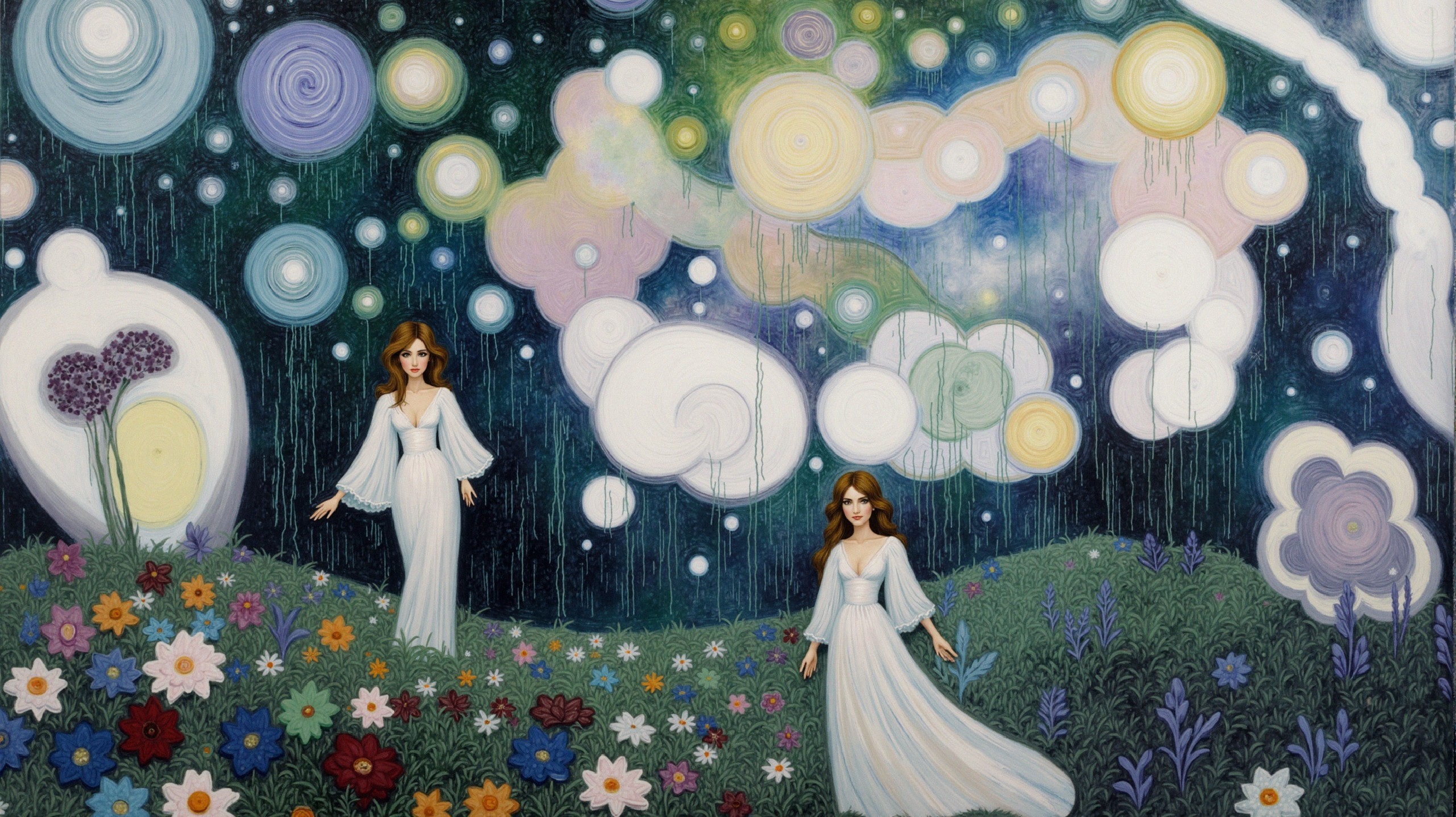 Whimsical Landscape with Ethereal Figures and Flowers