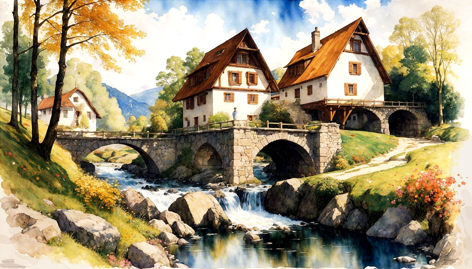 Charming Village Scene with Cozy Houses and Mountains