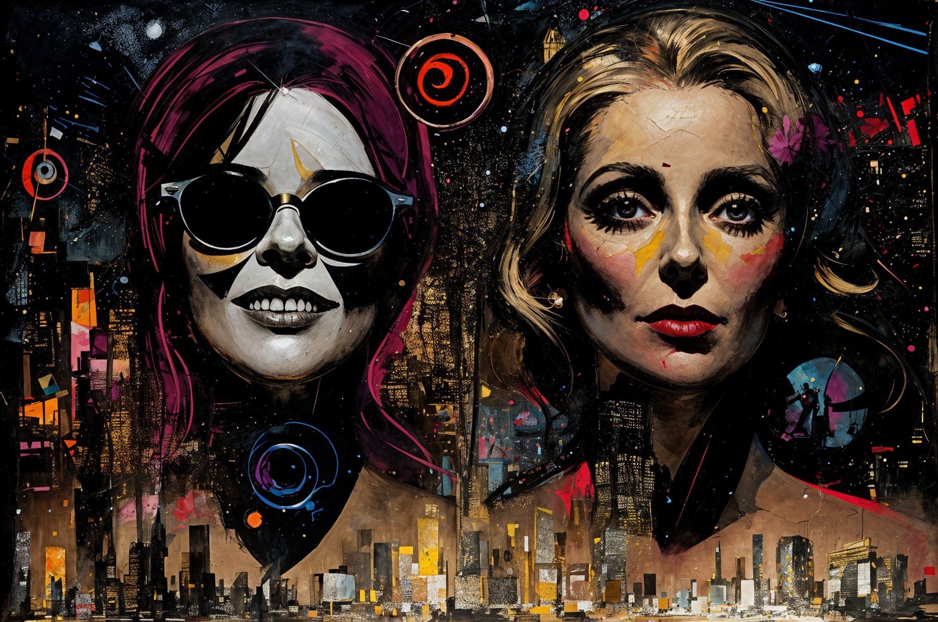 Vibrant Portrait of Two Women Against City Skyline
