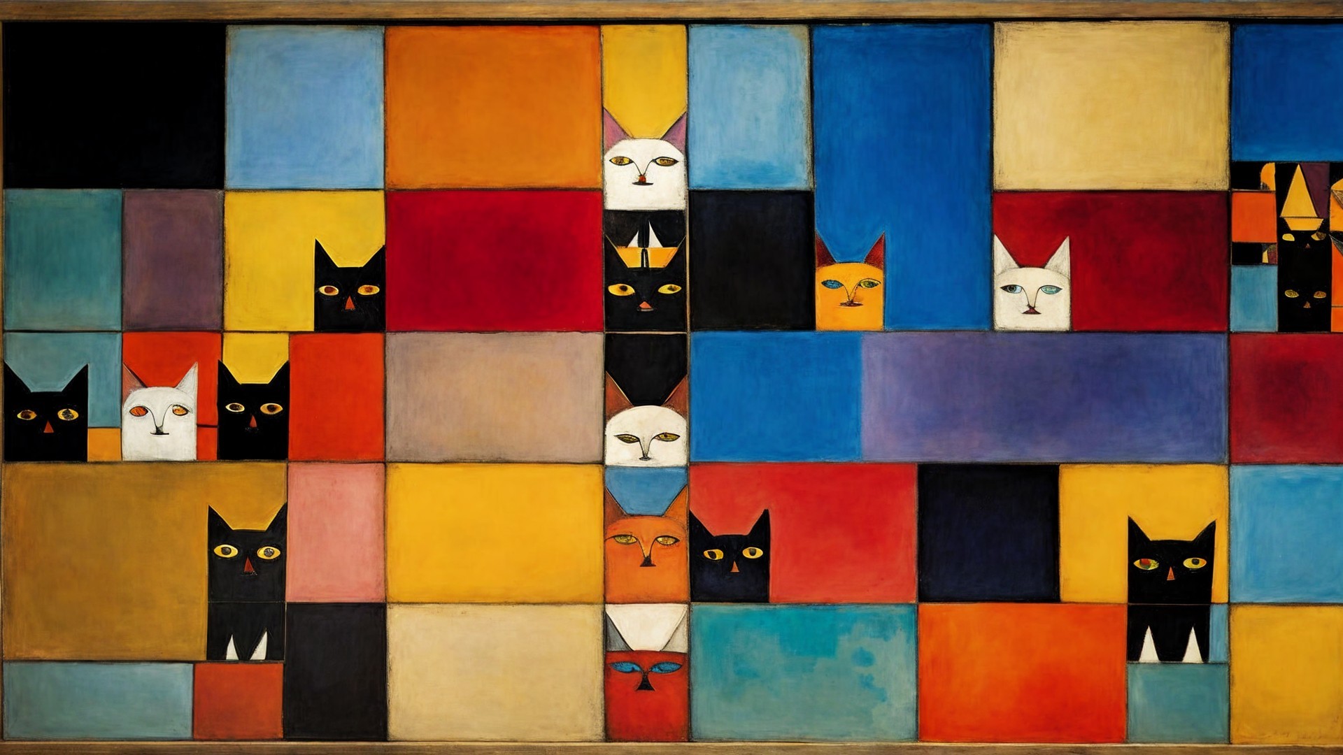 Colorful Geometric Squares with Stylized Cat Faces