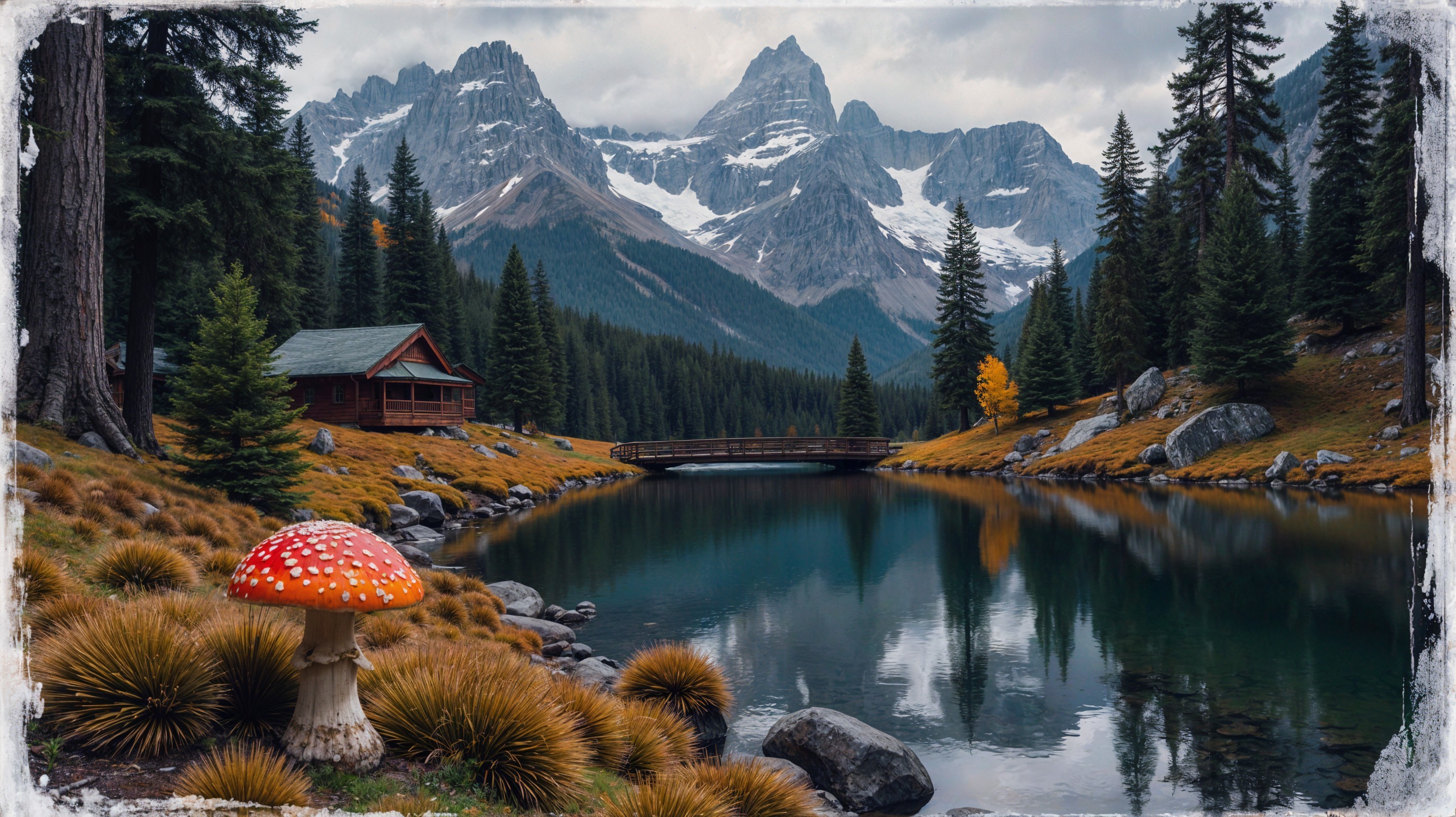 Alpine Landscape with Lake, Mountains, and Mushroom