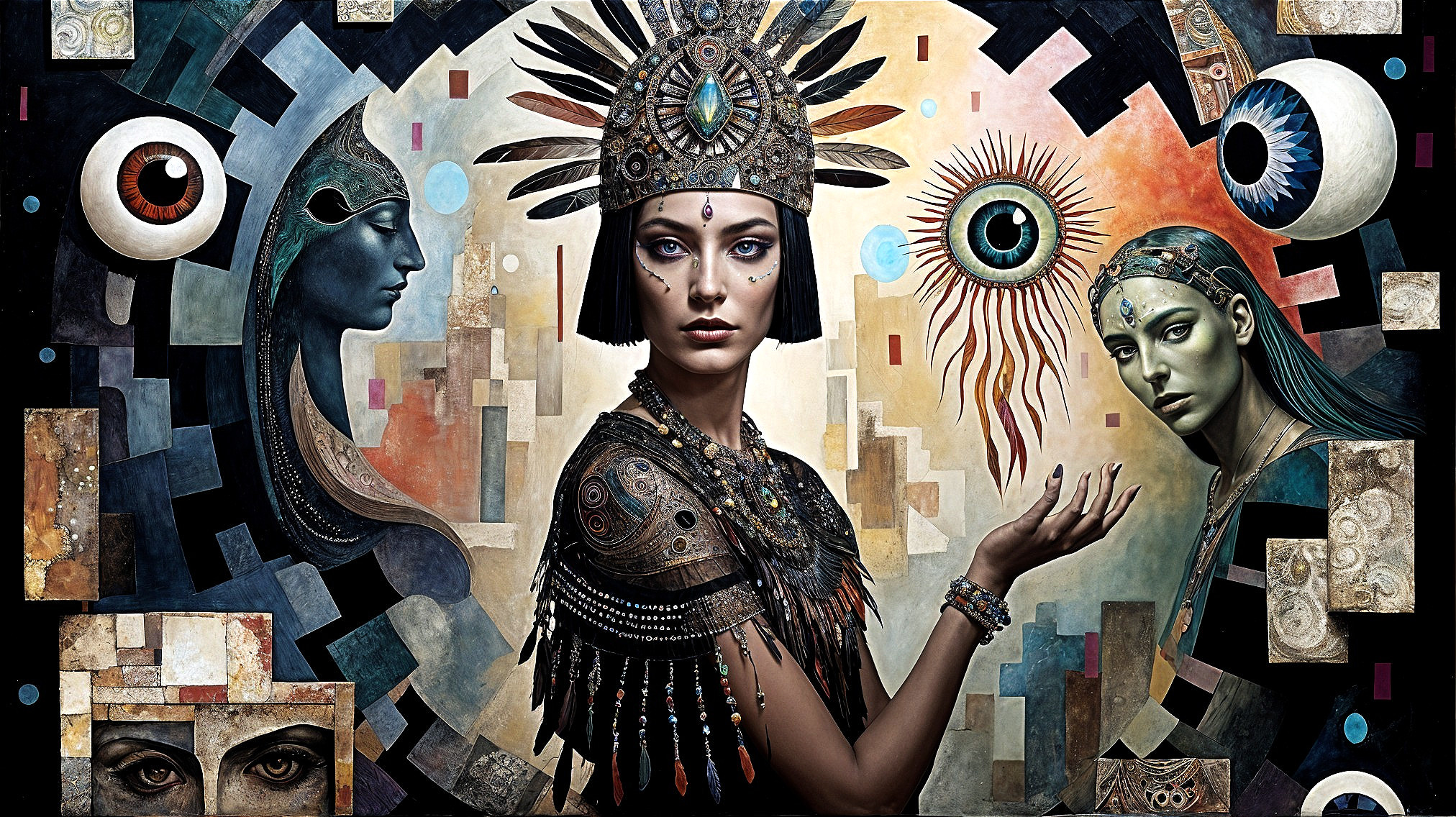 Portrait of a Woman in Tribal Attire with Symbols