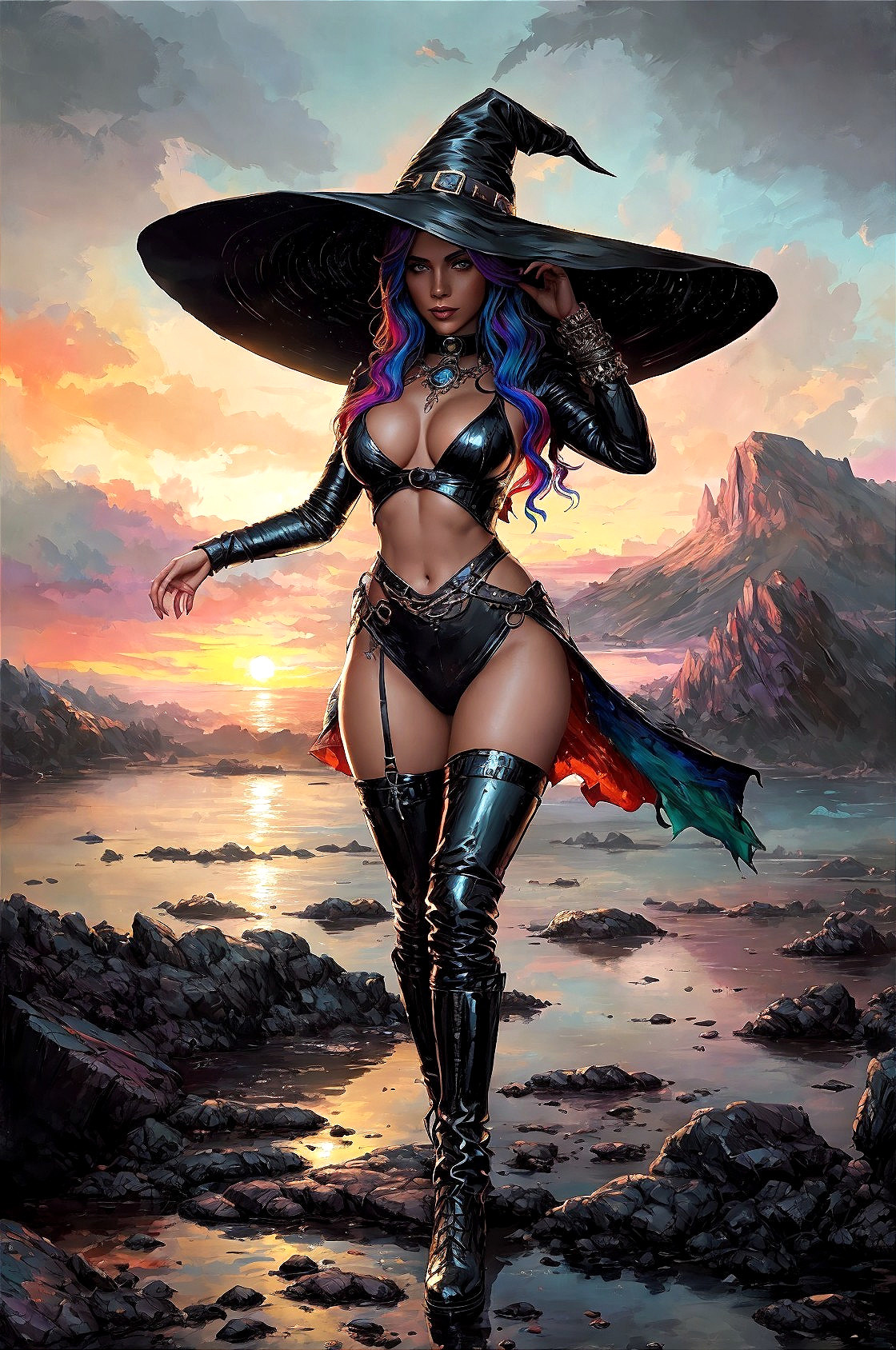 Female figure in leather outfit by sunset waterscape