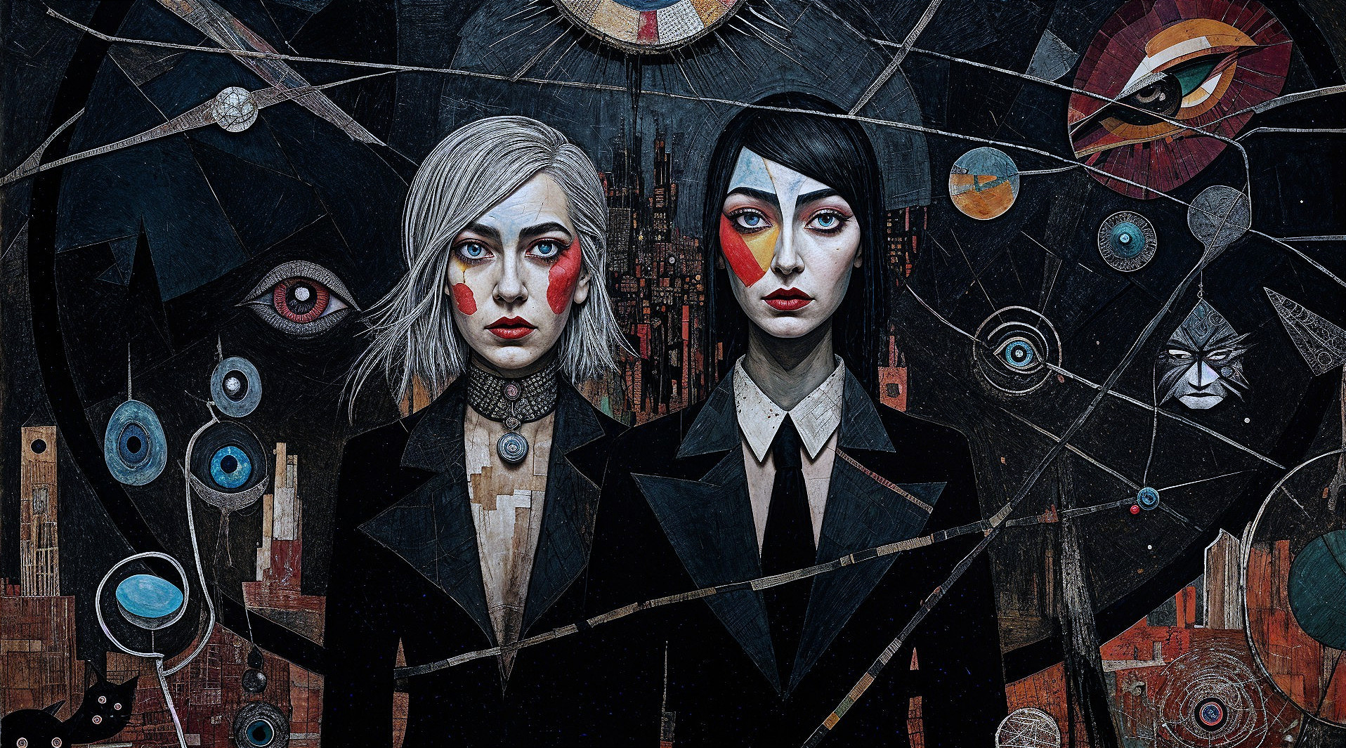 Women in Black Suits with Abstract Background Elements