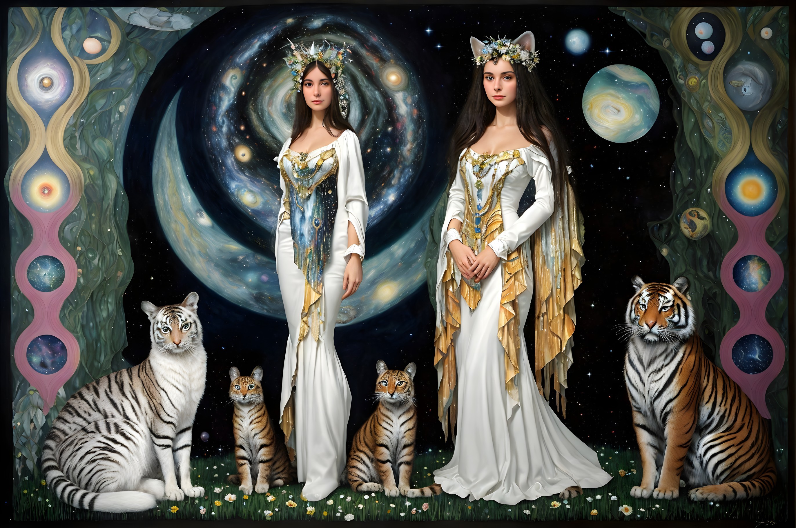 Enchanted Women in Celestial Gowns with Tigers