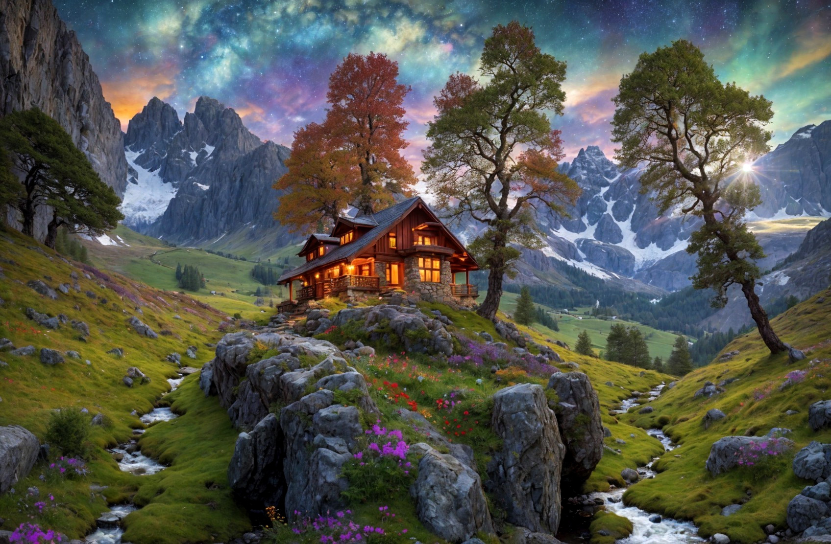 Wooden cabin in a valley with mountains and flowers