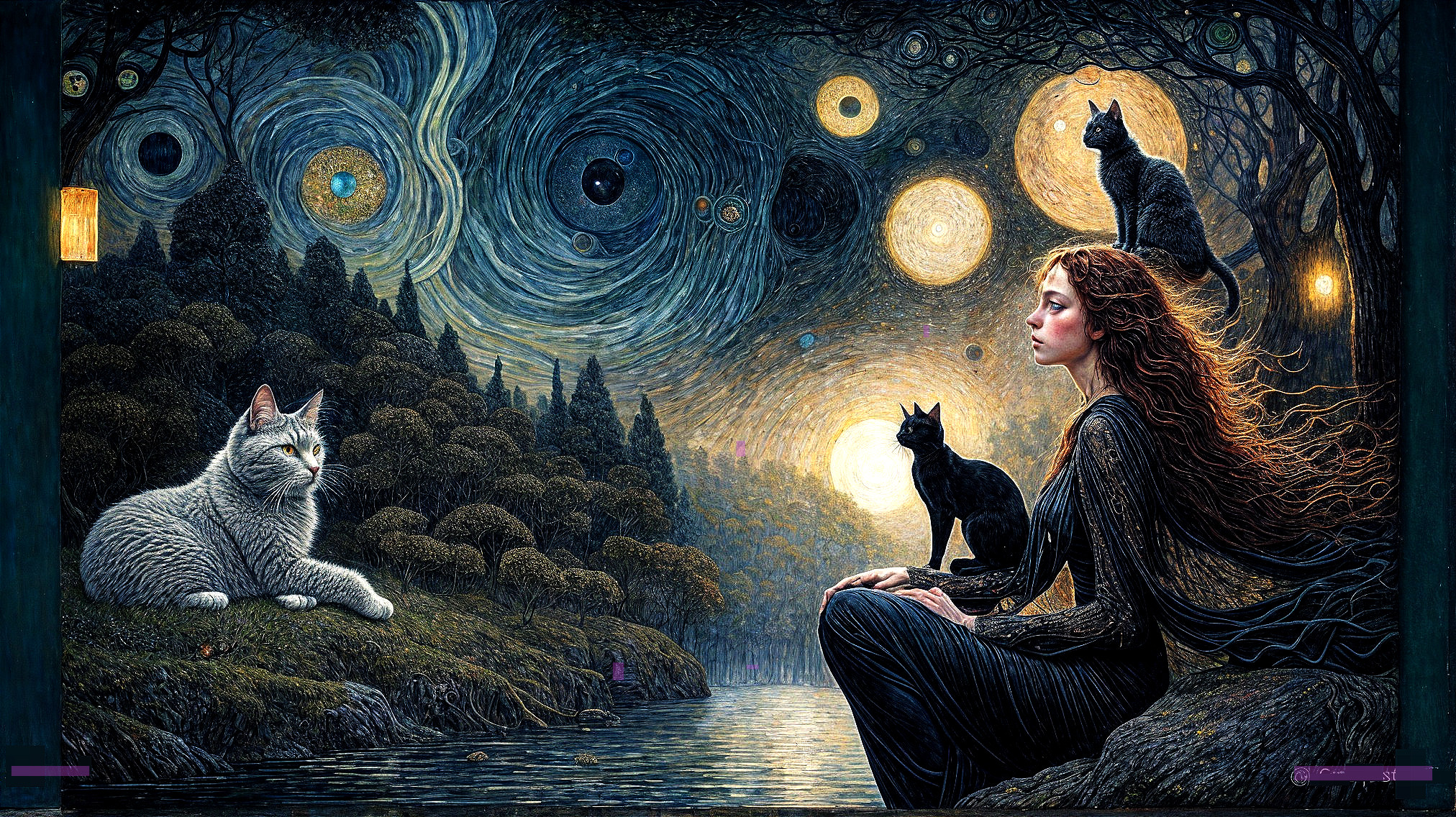 Young Woman and Cats by a Mystical Lake at Night