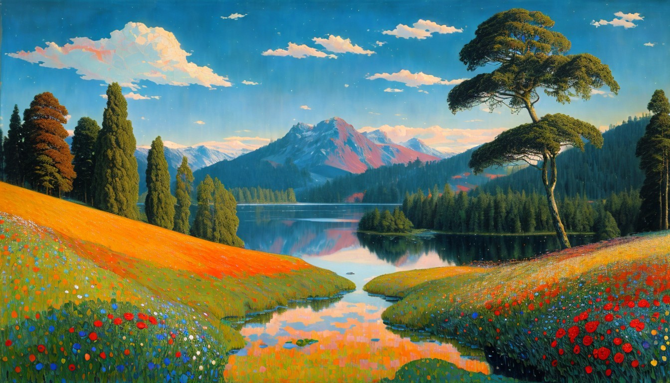 Vibrant Landscape with Lake, Mountains, and Wildflowers