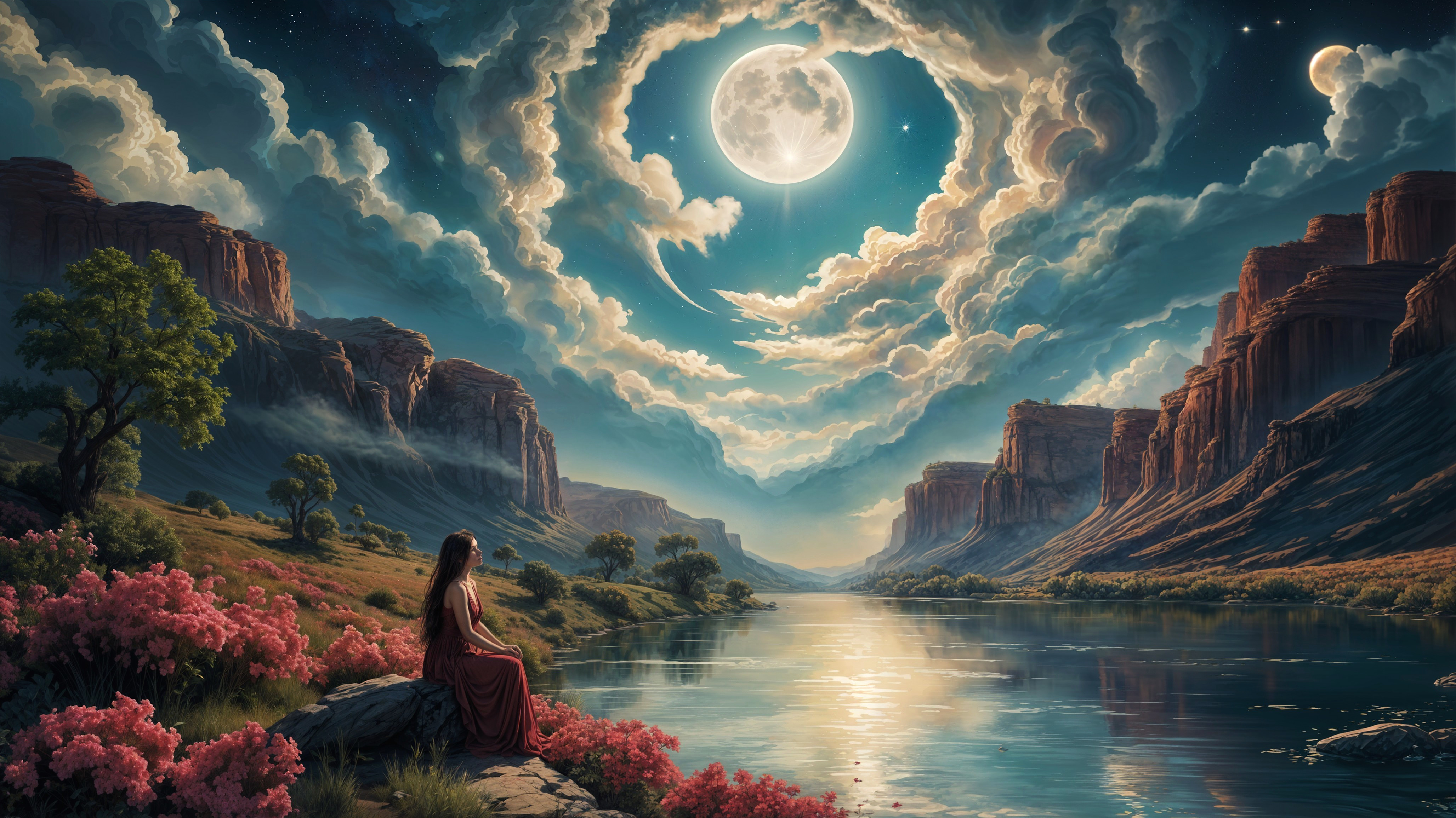 Serene landscape with moonlit river and rock formations
