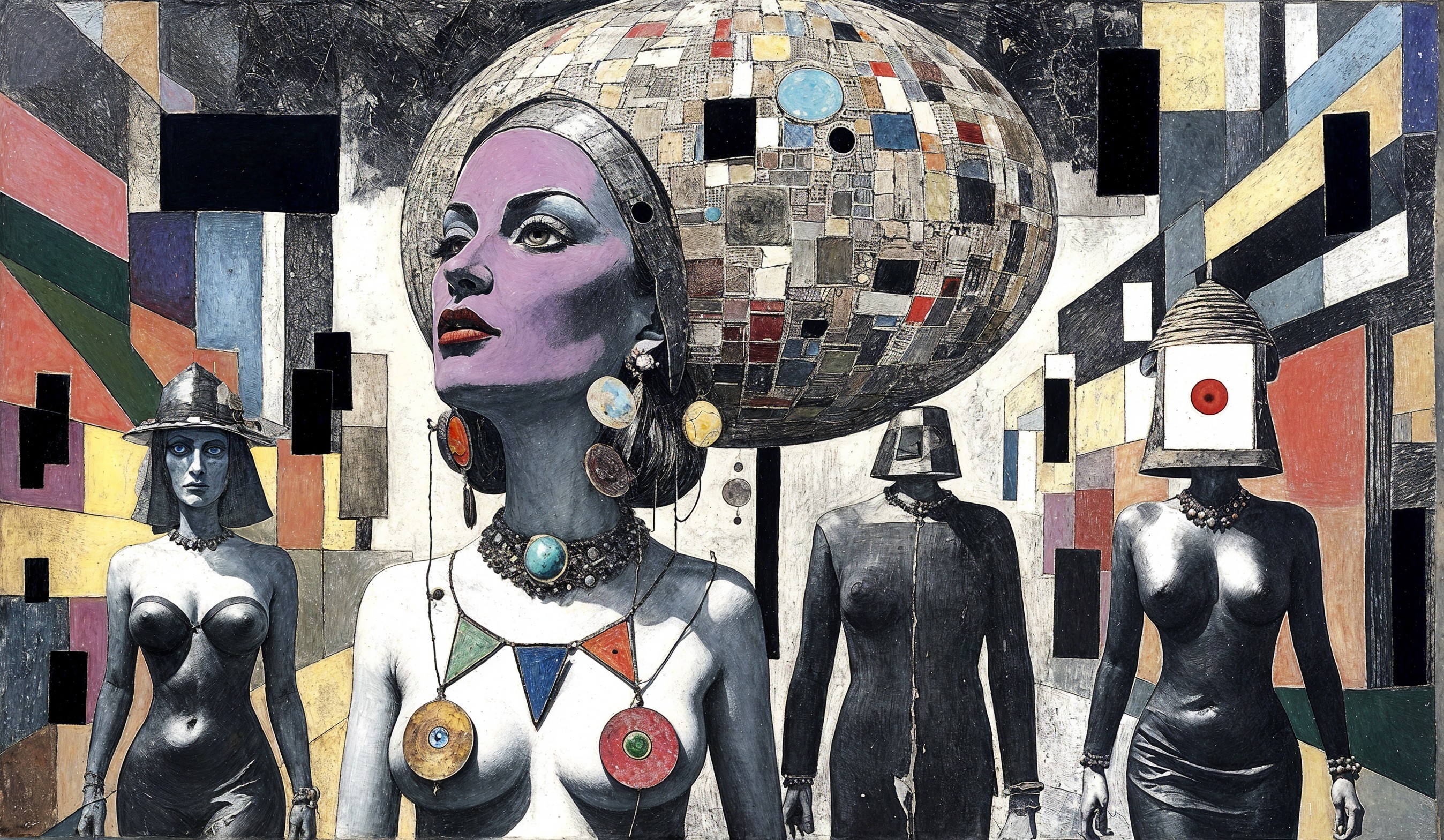 Surreal Landscape with Three Female Figures in Black