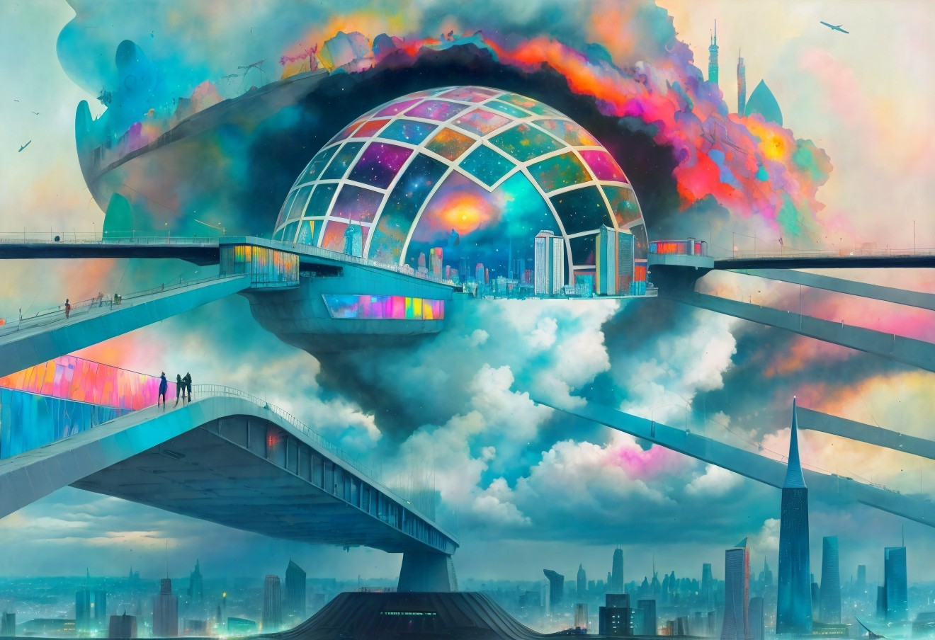 Futuristic cityscape with glass dome and cosmic scene.