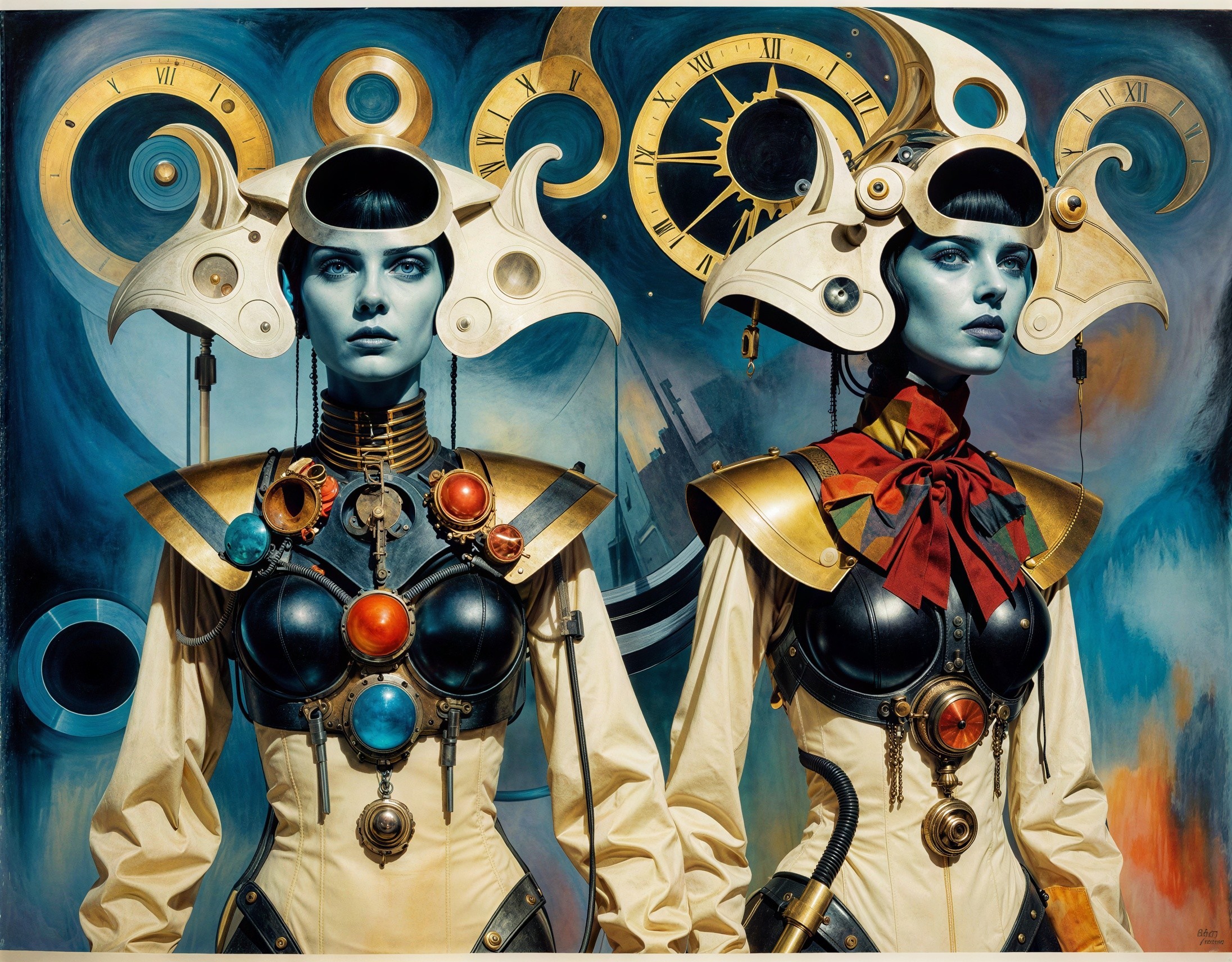 Futuristic Steampunk Women in Vibrant Clock-themed Art