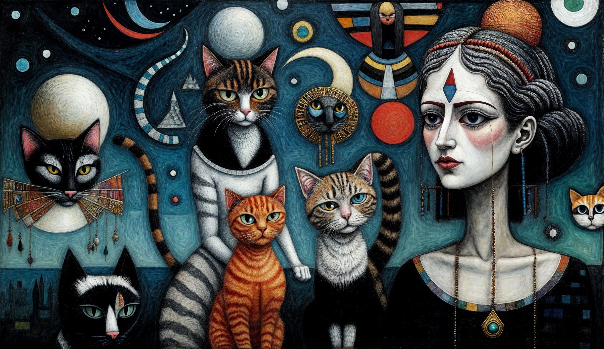 Colorful Scene of Woman with Stylized Cats and Celestial Elements