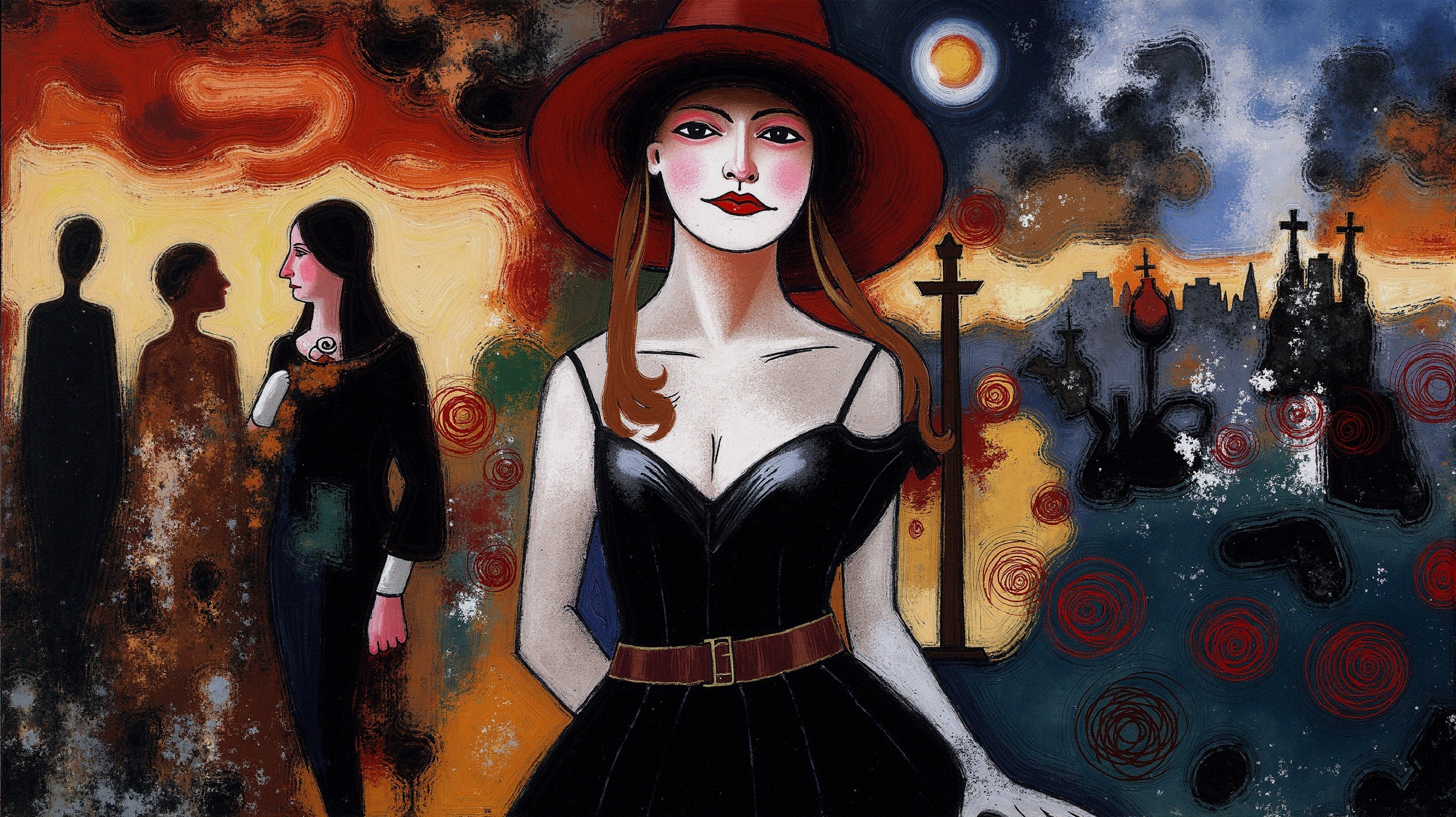 Artwork of a Woman in Black Dress and Red Hat