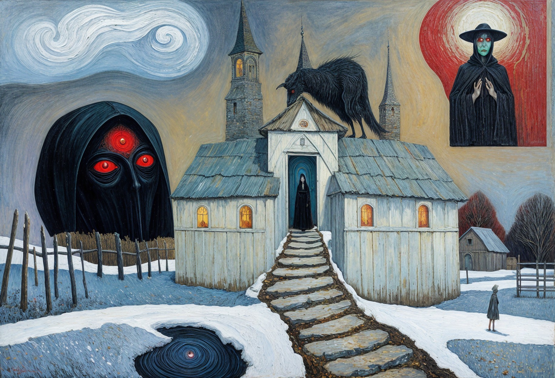 Haunting Winter Landscape with Eerie Figures and Church