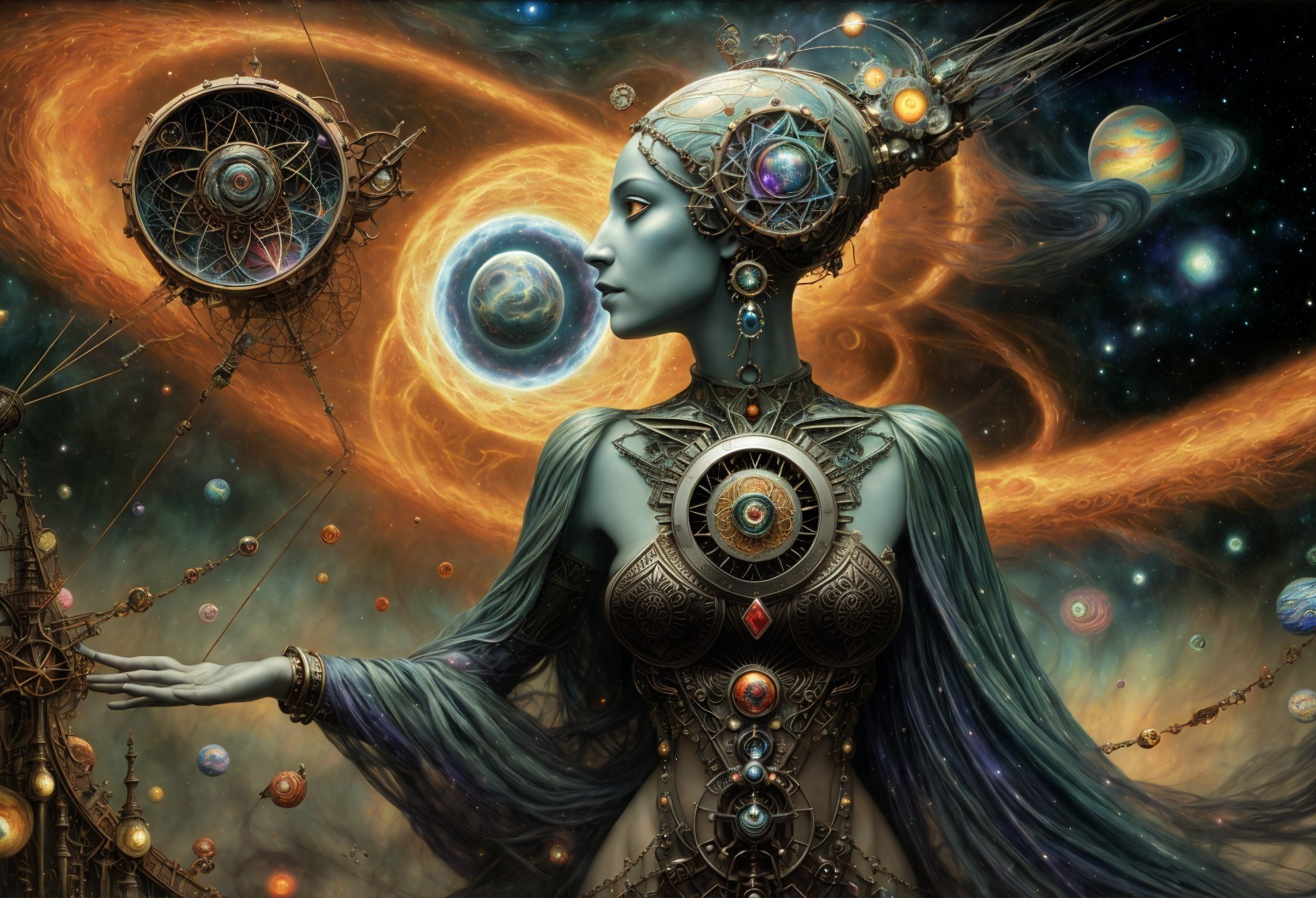 Female Android in Cosmic Armor and Jewelry Amidst Galactic Background