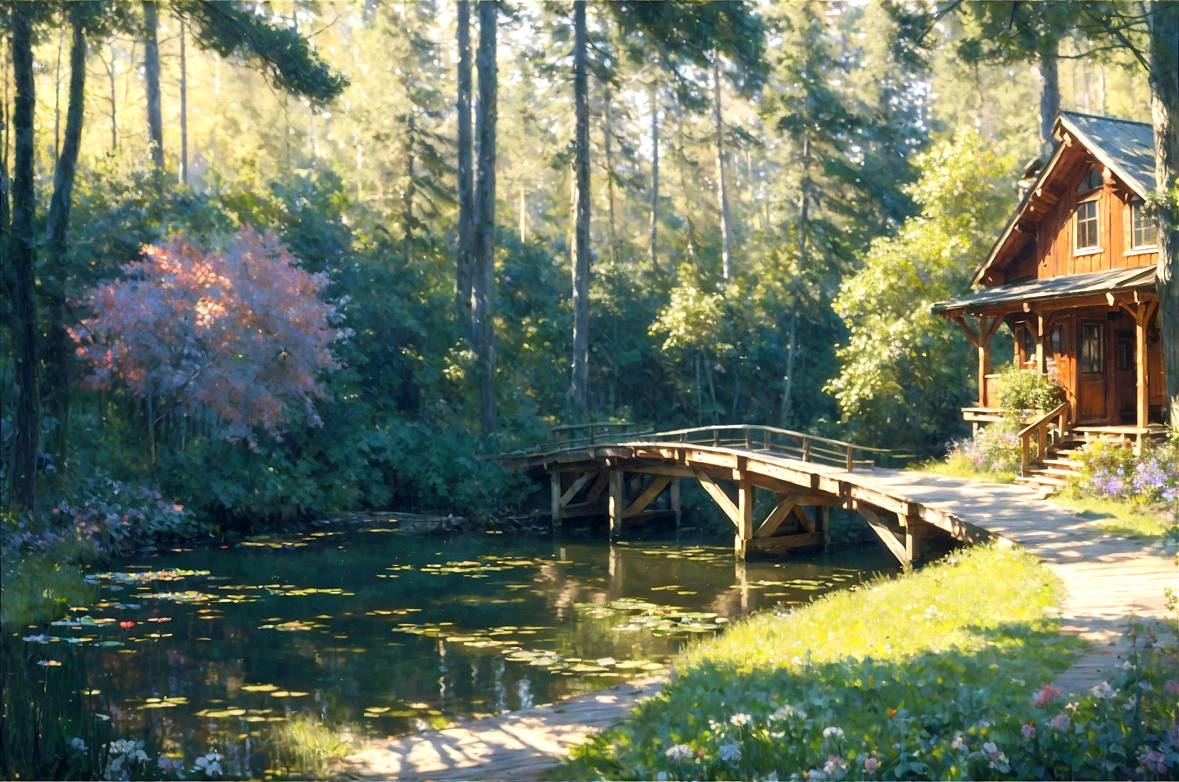 Charming Cabin in Serene Green Landscape with Pond