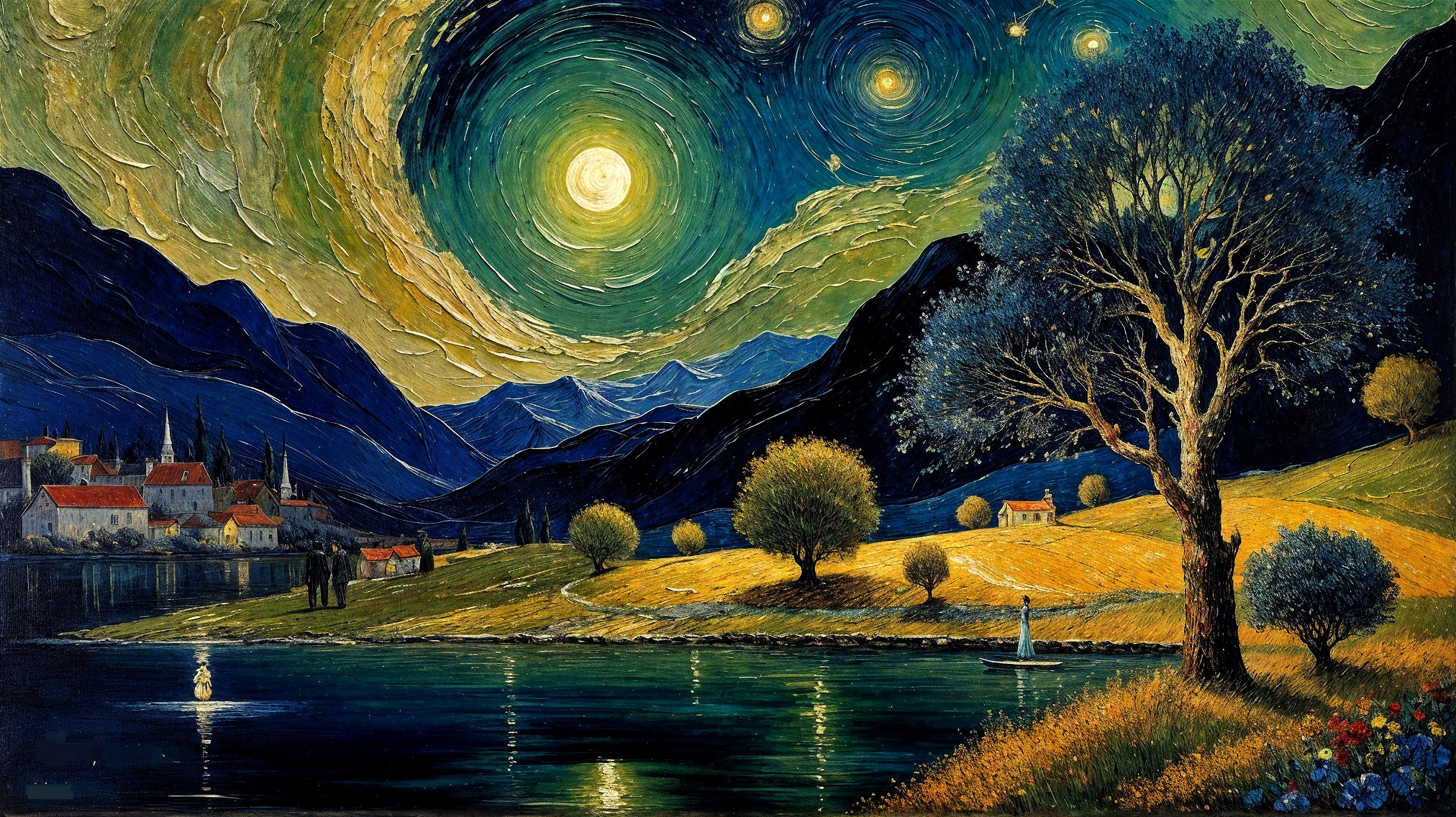 Serene Landscape with Lake and Starry Night Sky
