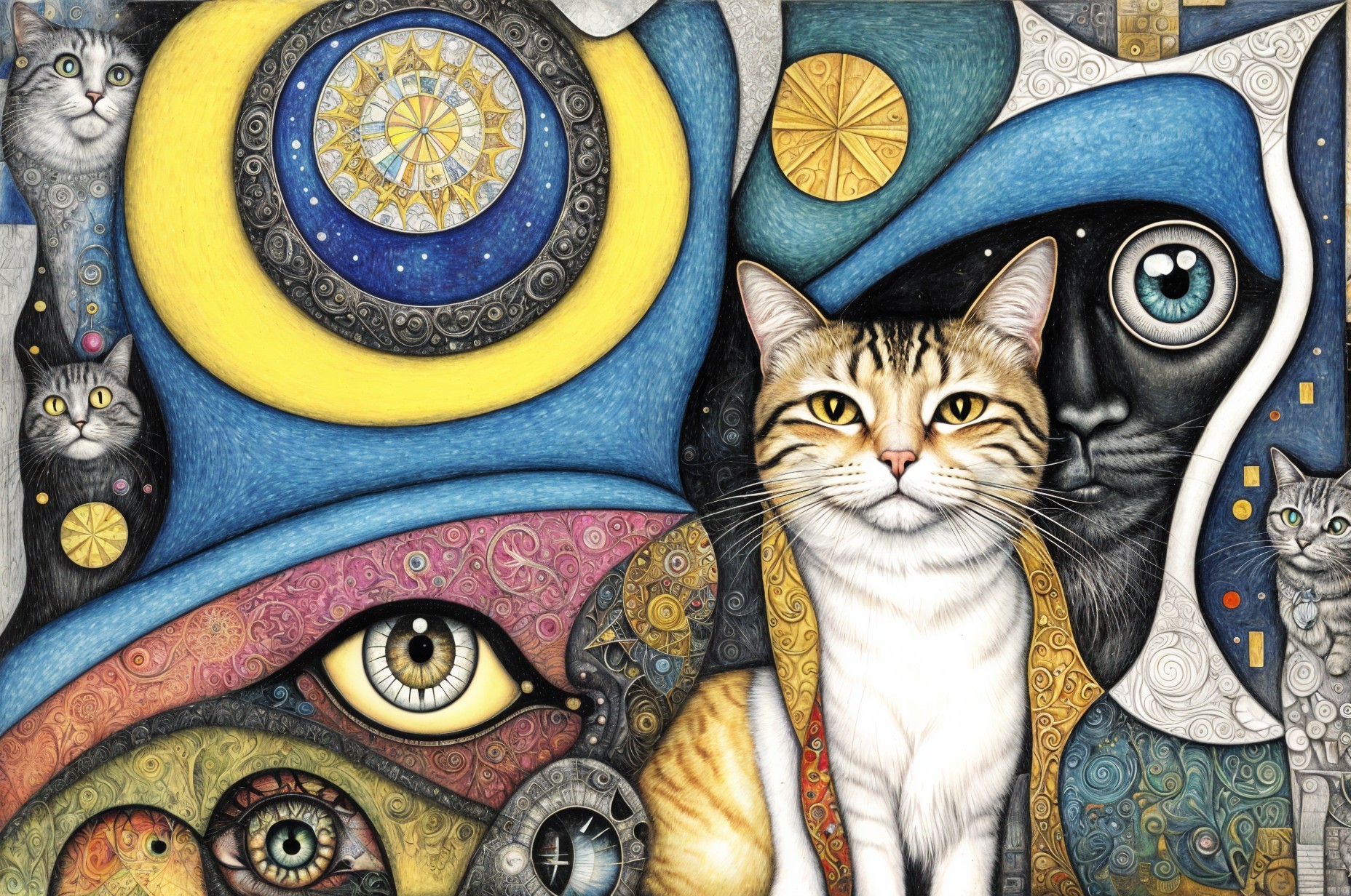 Surreal Tapestry of Cats and Celestial Motifs