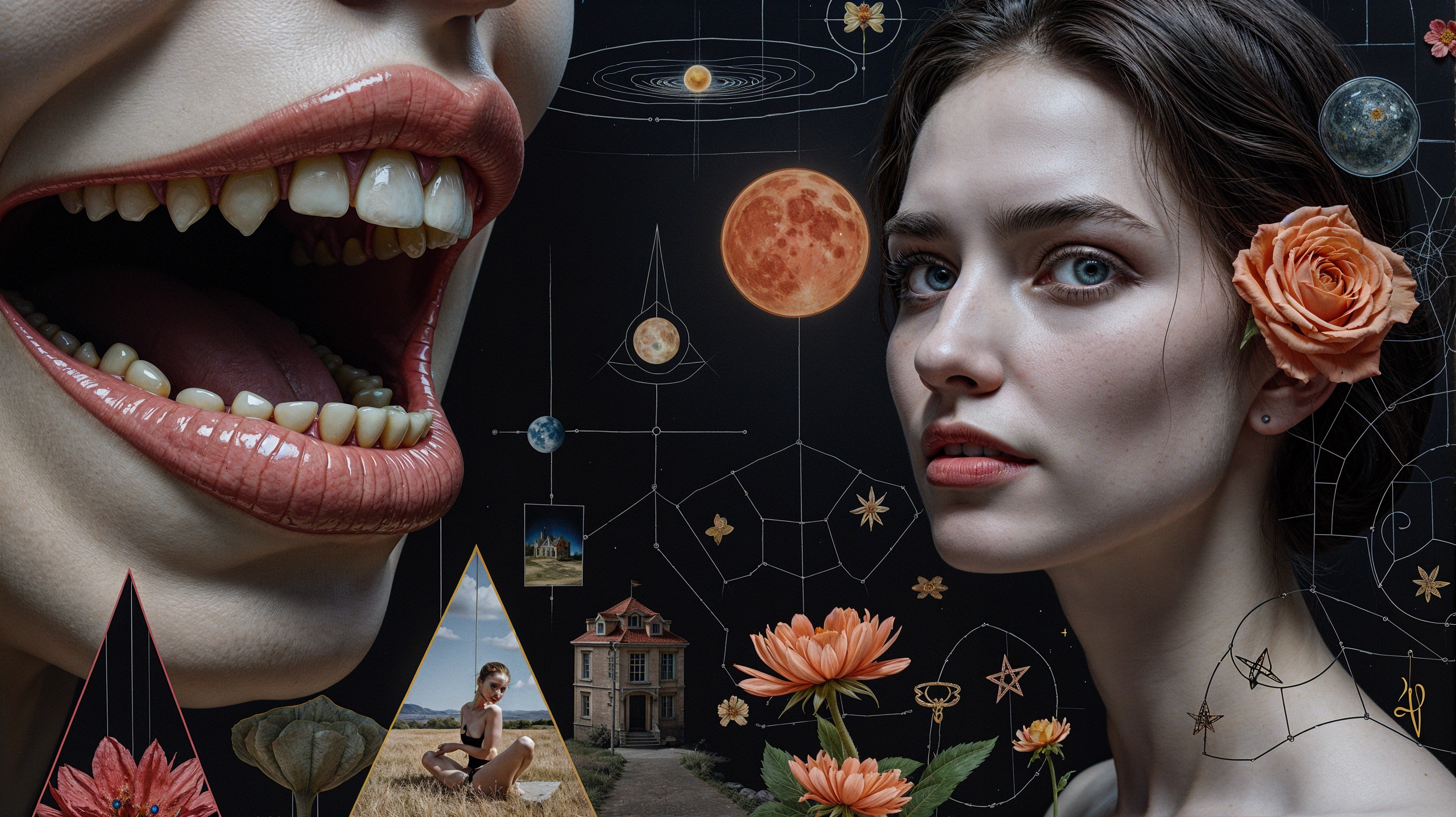 Surreal Collage of Young Woman and Celestial Elements