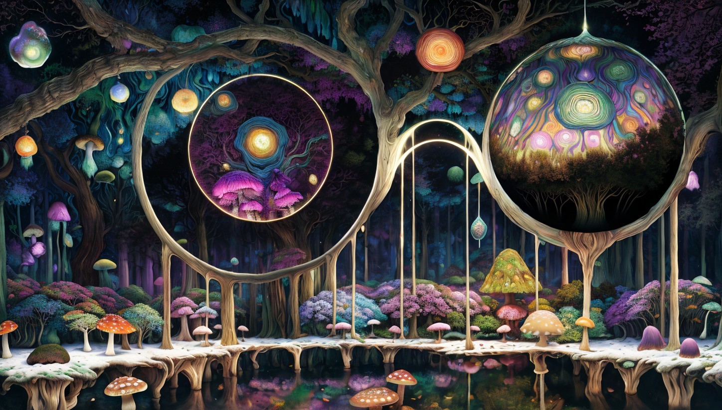 Fantasy forest with glowing trees, vibrant flora, and ethereal orbs